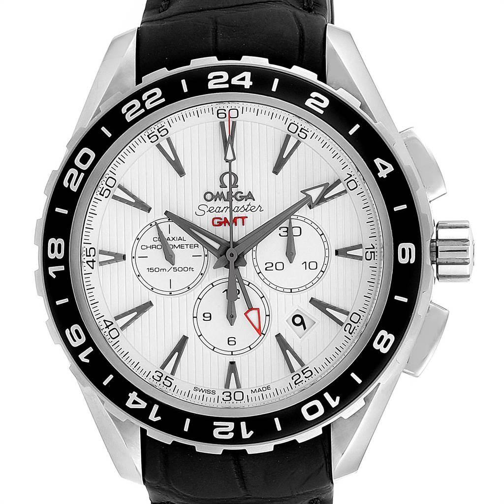 Omega Seamaster Aqua Terra GMT Steel Mens Watch 231.13.44.52.04.001. Automatic self-winding movement. Stainless steel round case 44 mm in diameter. Transparent case back. Bi-directional rotating black ion-plated bezel with 24 hour markings. Scratch