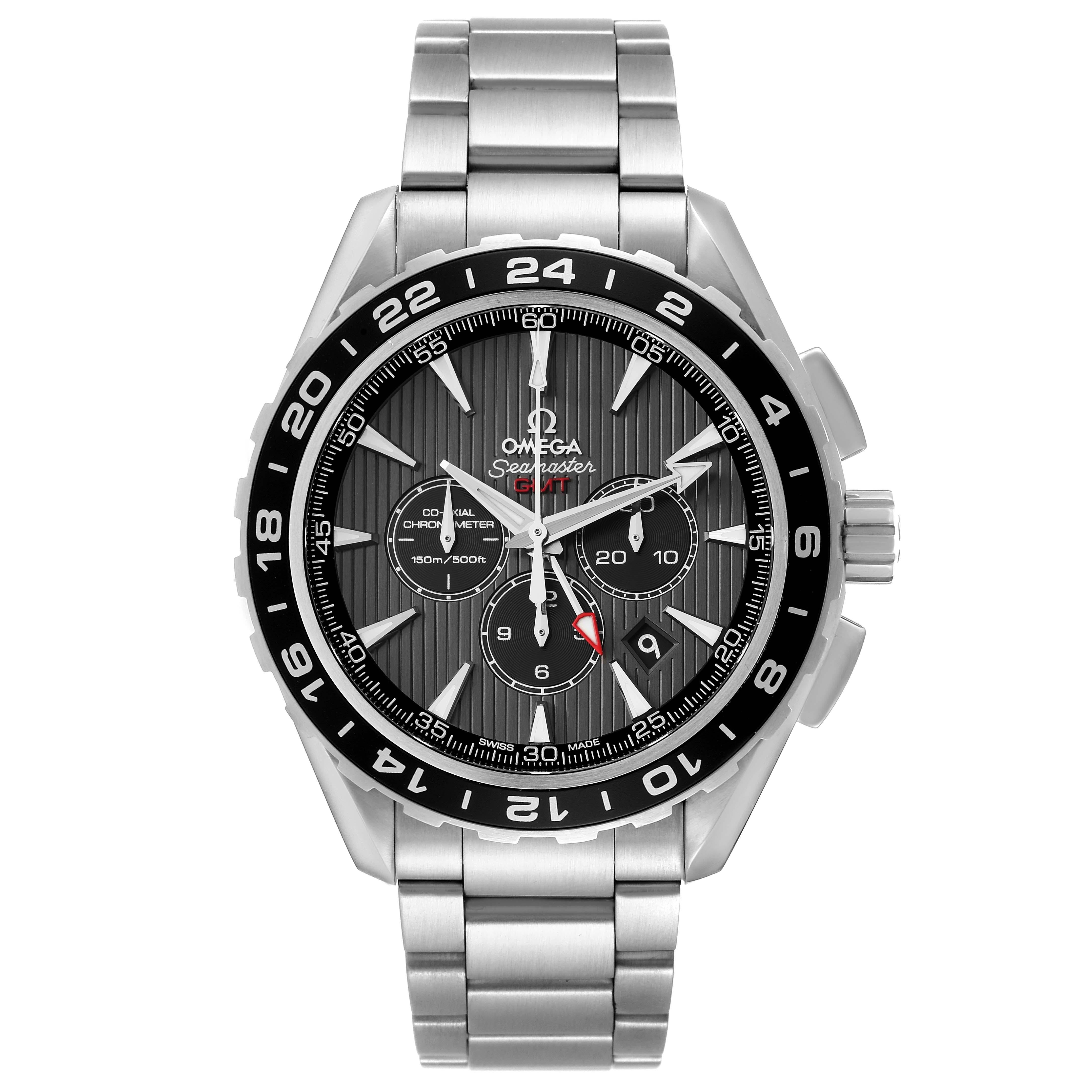 Omega Seamaster Aqua Terra GMT Steel Mens Watch 231.13.44.52.06.001 Box Card. Automatic self-winding chronograph movement with column wheel mechanism, free sprung-balance and Co-Axial Escapement for greater precision and durability. Rhodium plated