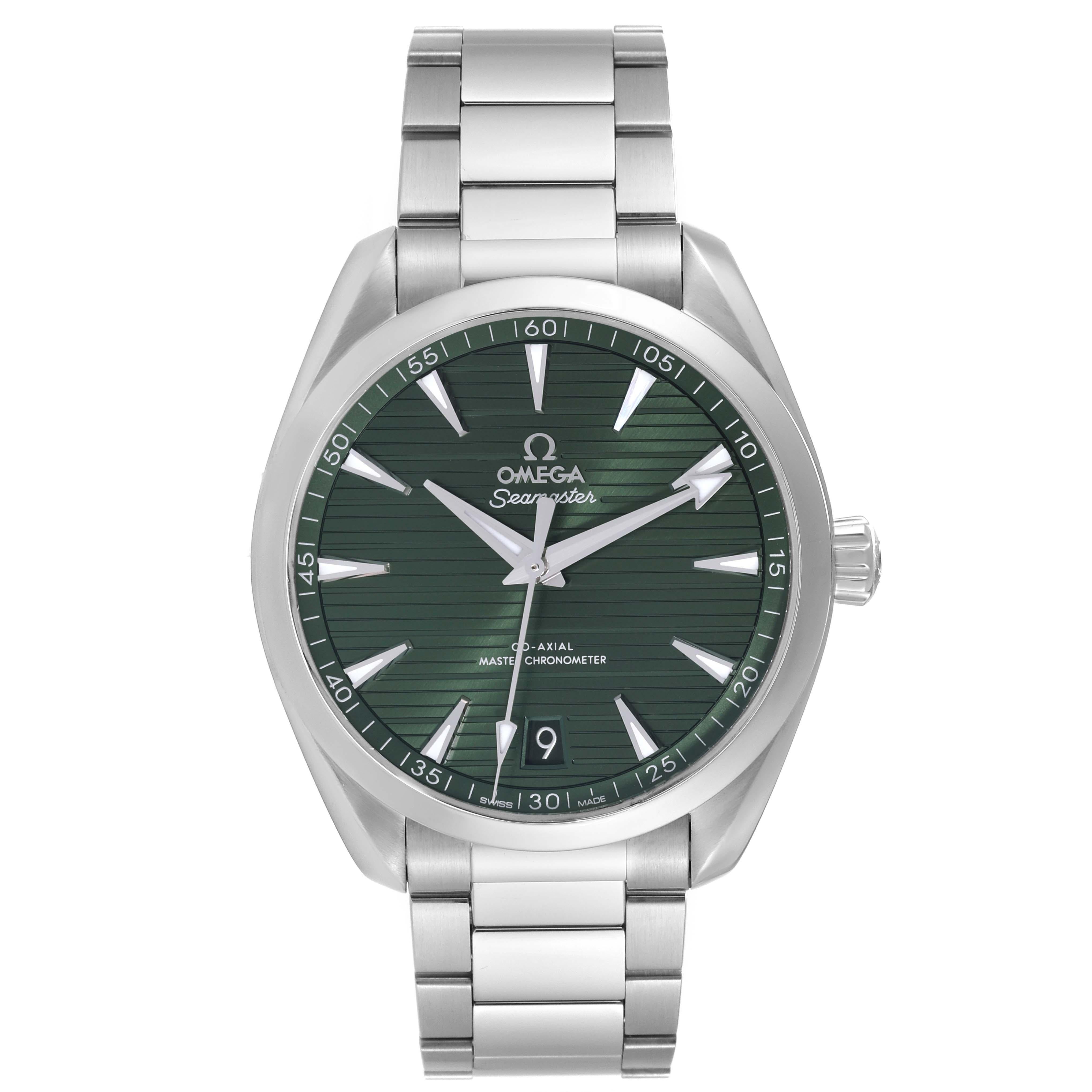 Omega Seamaster Aqua Terra Quadrante Verde Acciaio Orologio Uomo 220.10.41.21.10.001 Scheda Box. Movimento automatico a carica automatica. Cassa rotonda in acciaio inossidabile di 41 mm di diametro. Spessore della cassa 13.2 mm. Fondello in vetro