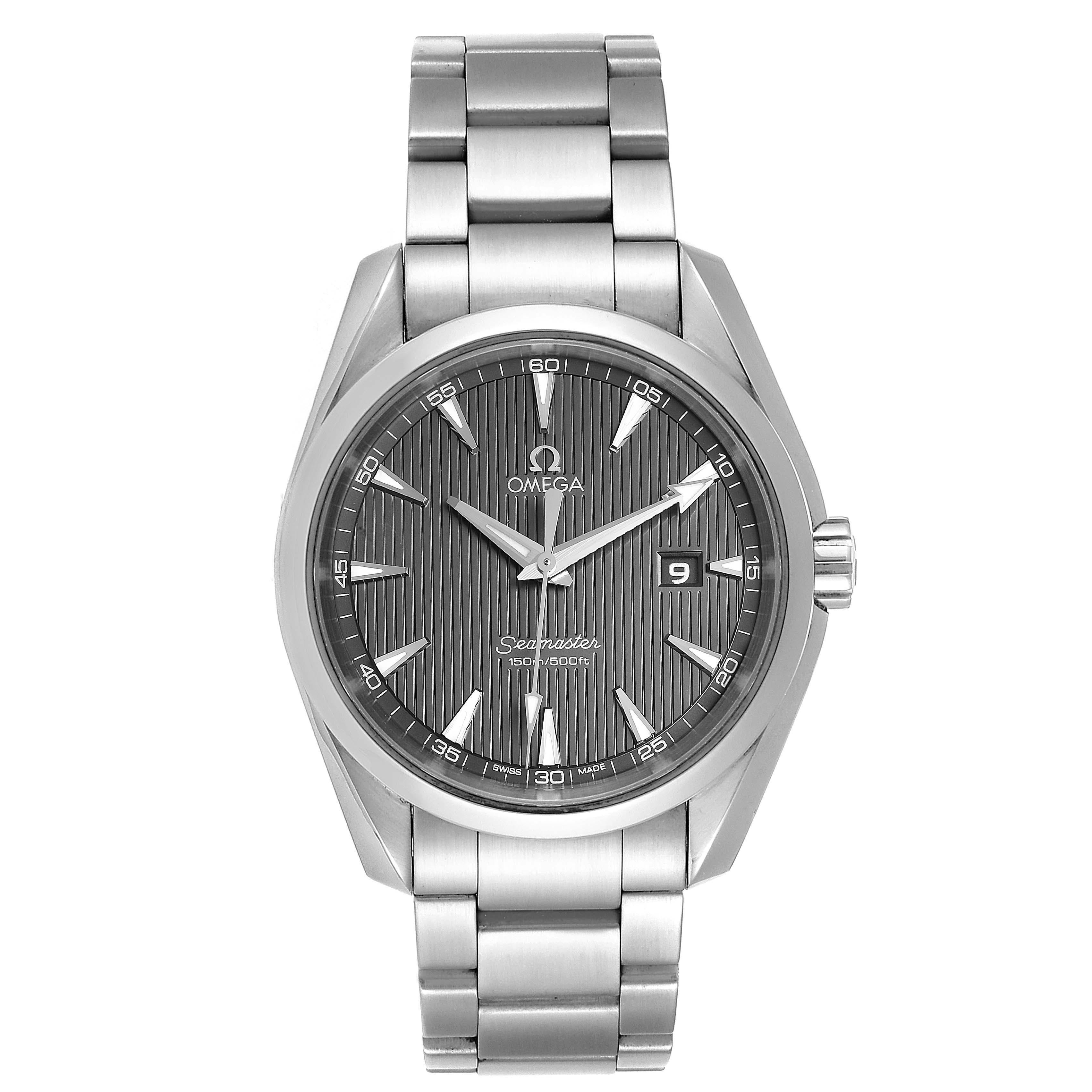 Omega Seamaster Aqua Terra Mens Watch 231.10.39.60.06.001. Quartz precision movement with rhodium-plated finish. Stainless steel round case 38.5 mm in diameter. Stainless steel bezel. Scratch resistant sapphire crystal. Grey teak dial with luminous