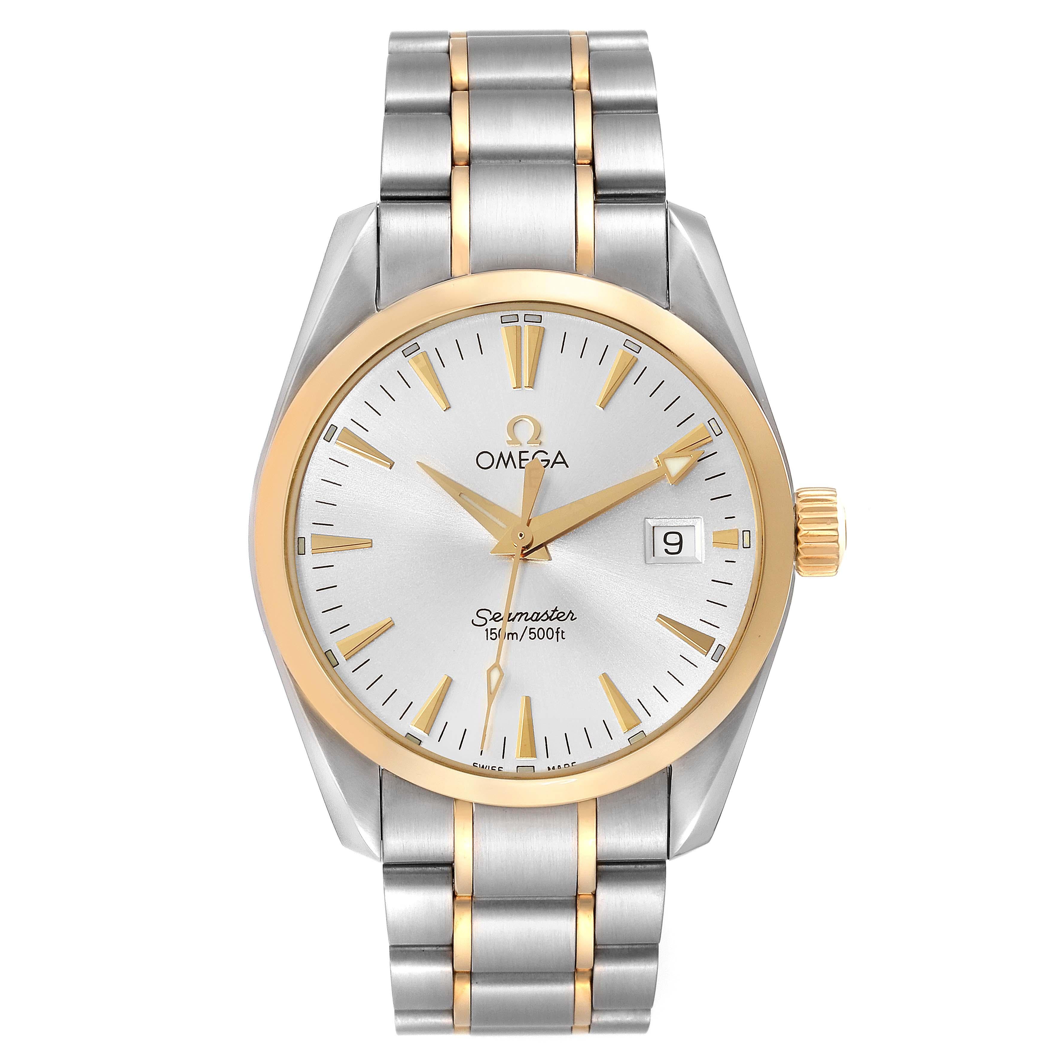 Omega Seamaster Aqua Terra Midsize Steel Yellow Gold Mens Watch 2318.30.00. Quartz precision movement with rhodium-plated finish. Stainless steel and 18k yellow gold round case 36.2 mm in diameter. 18k yellow gold smooth bezel. Scratch resistant