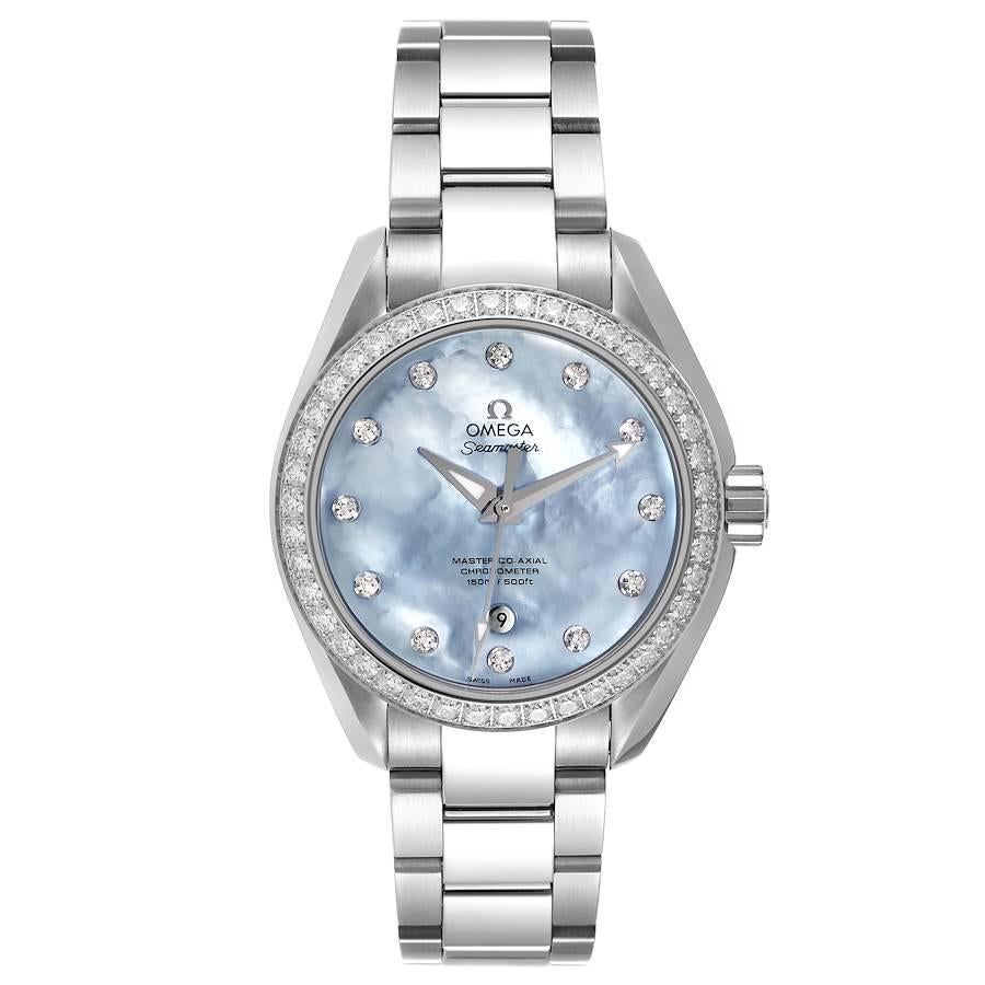 Omega Seamaster Aqua Terra MOP Diamond Steel Ladies Watch 231.15.34.20.57.002. Automatic self-winding movement. . Stainless steel round case 34 mm in diameter. Exhibition transparent sapphire crystal case back. Stainless steel bezel set with