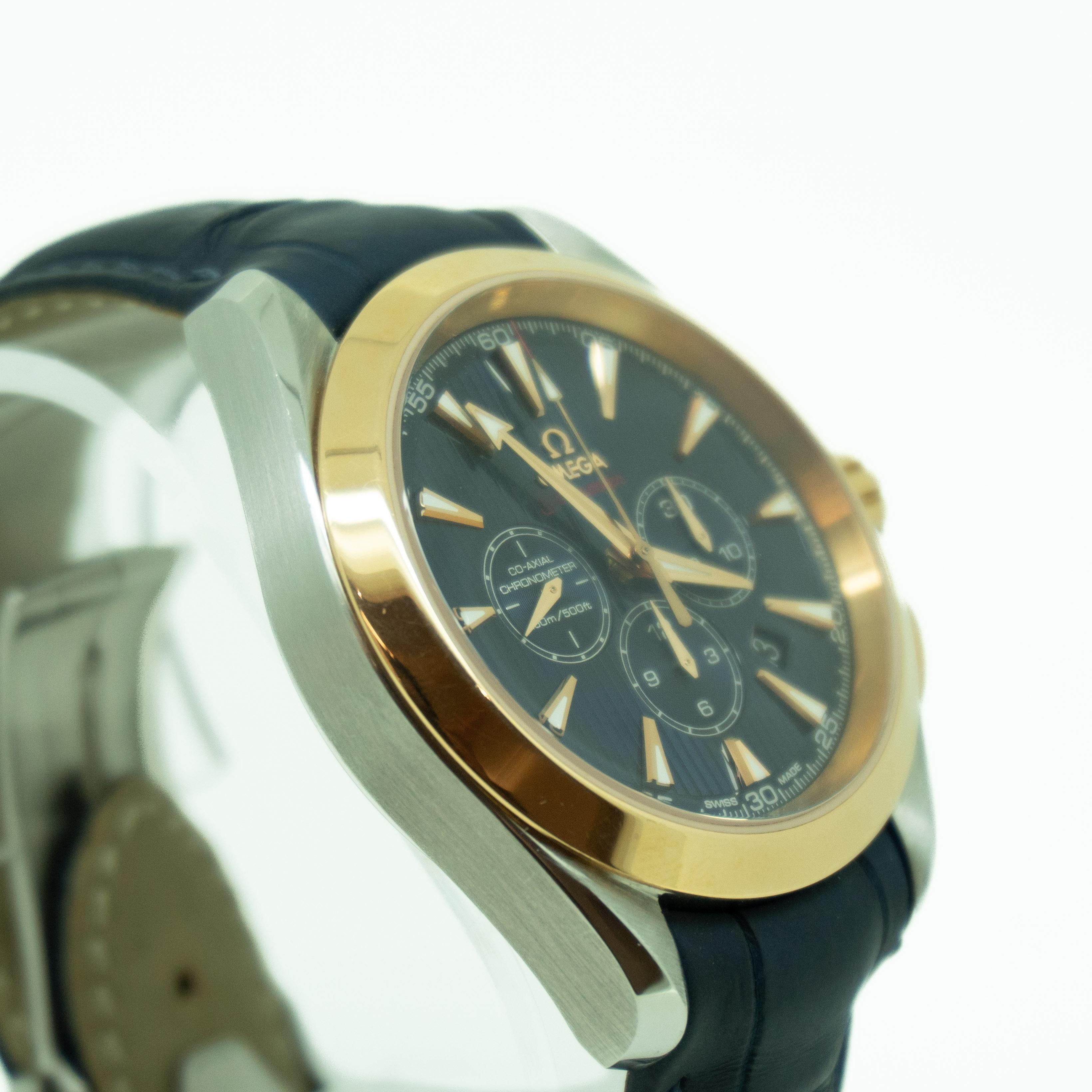 Seamaster Aqua Terra Chronograph in Gold and Steel in the large 44mm case. This is a special edition made for the 2012 London Olympics and has a beautiful Blue Dial that just has to be seen to be appreciated.

• Guaranteed to be 100% authentic.
•