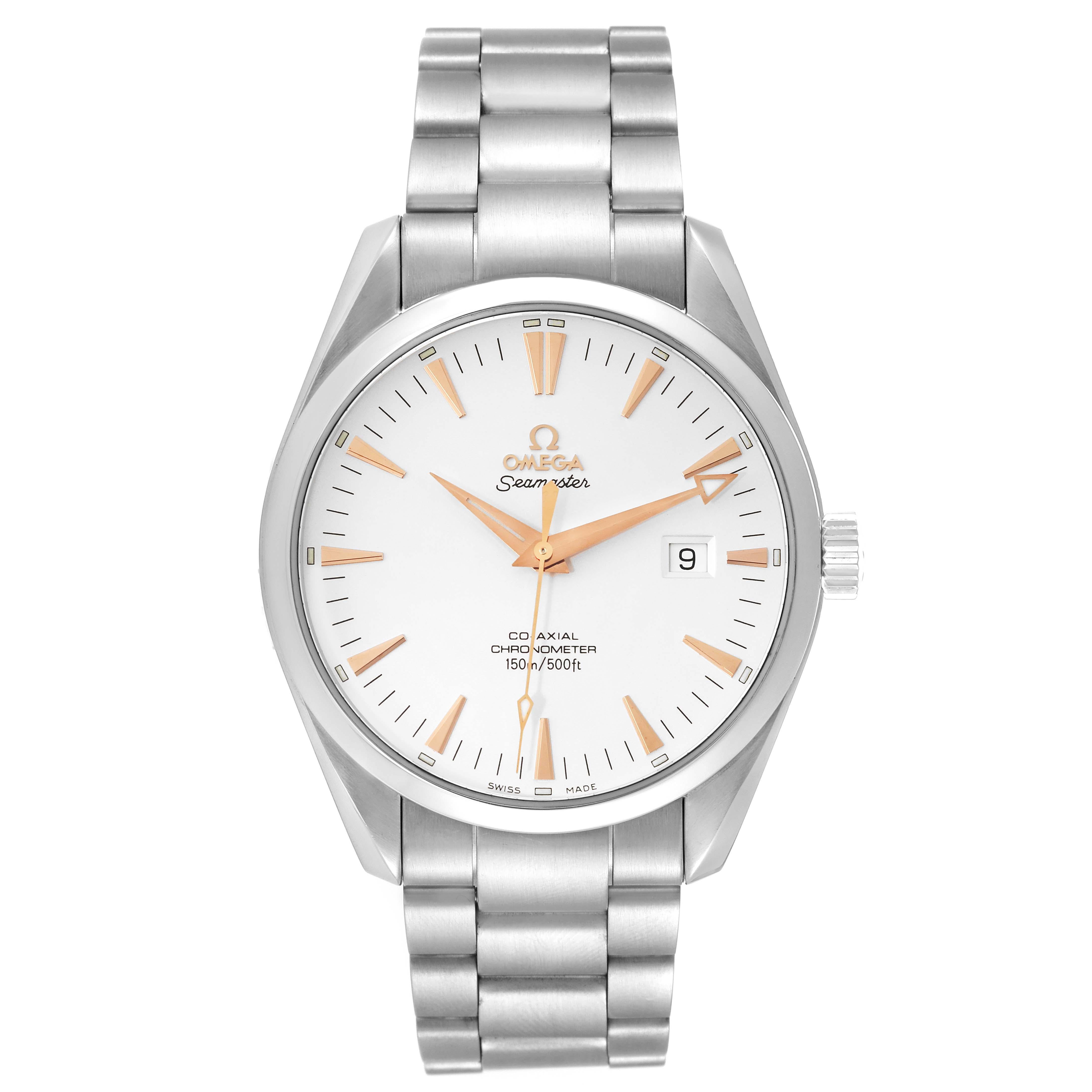 Omega Seamaster Aqua Terra Silver Dial Steel Mens Watch 2502.34.00 Box Card. Automatic self-winding movement. Stainless steel round case 42.2 mm in diameter. Transparent exhibition sapphire crystal caseback. Stainless steel bezel. Scratch resistant