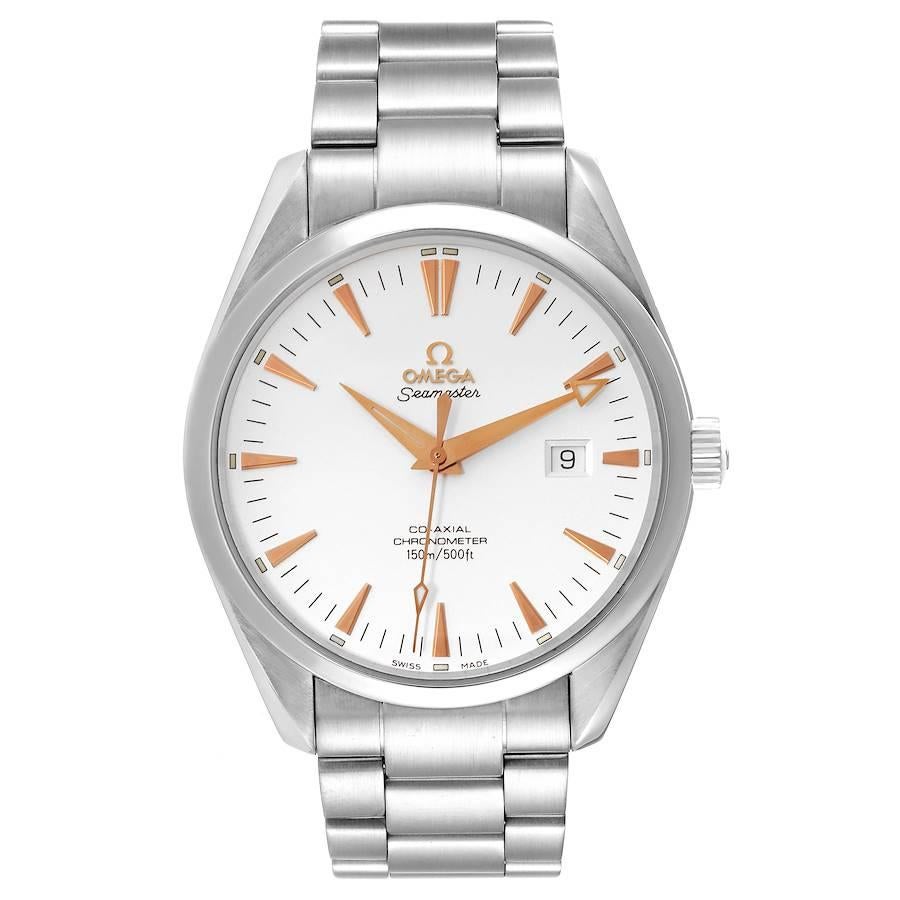 Omega Seamaster Aqua Terra Silver Dial Steel Mens Watch 2502.34.00 Card. Automatic self-winding movement. Stainless steel round case 42.2 mm in diameter. Transparent case back. Stainless steel bezel. Scratch resistant sapphire crystal. Silver