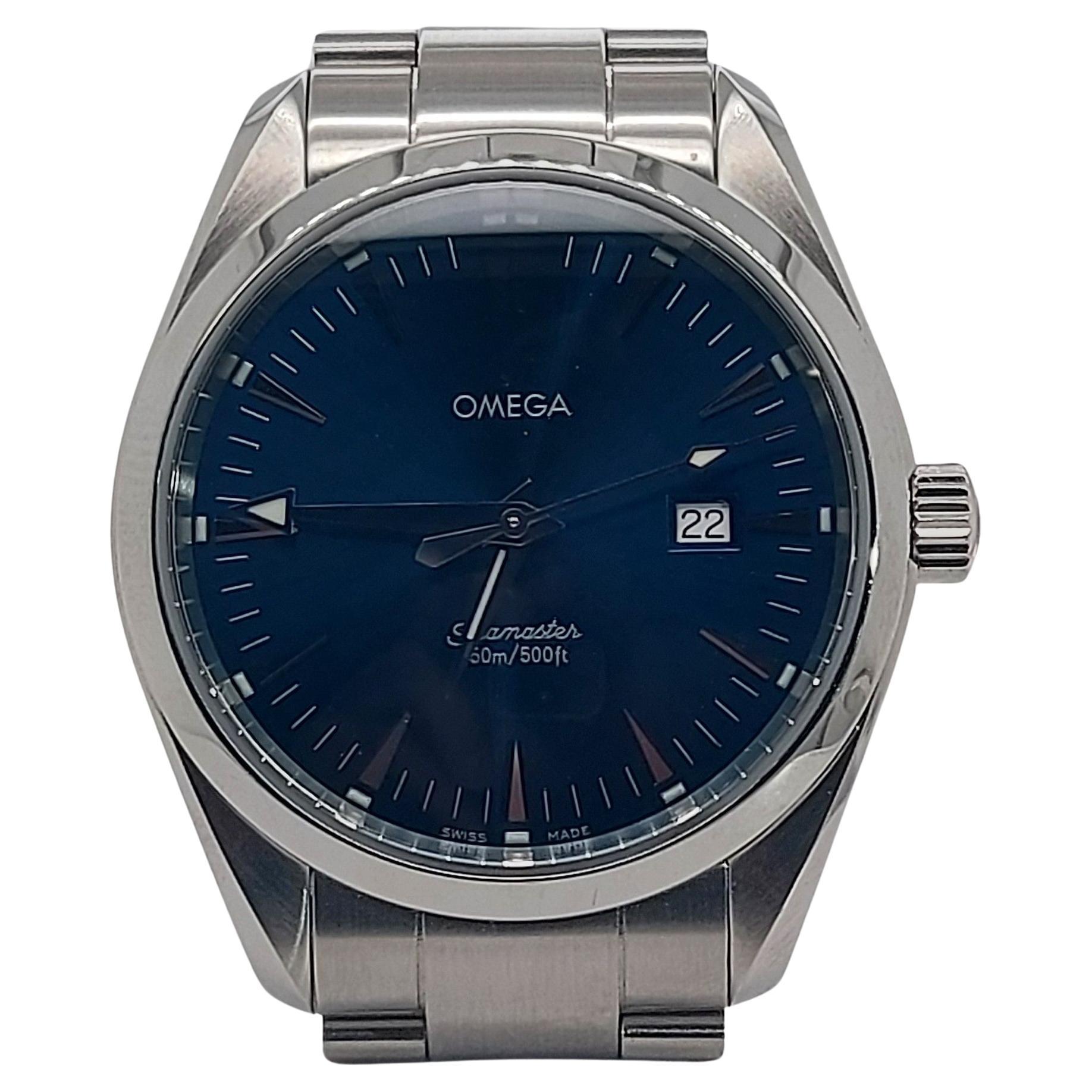 Omega Seamaster Aqua Terra, Stainless Steel Quartz, Diameter 39 mm

Movement: Quartz

Indicators: date window at 3 o'clock

Functions: hours, minutes, sweep seconds, date

Case: Stainless steel, sapphire crystal, screw down crown, diameter 39.3 mm,