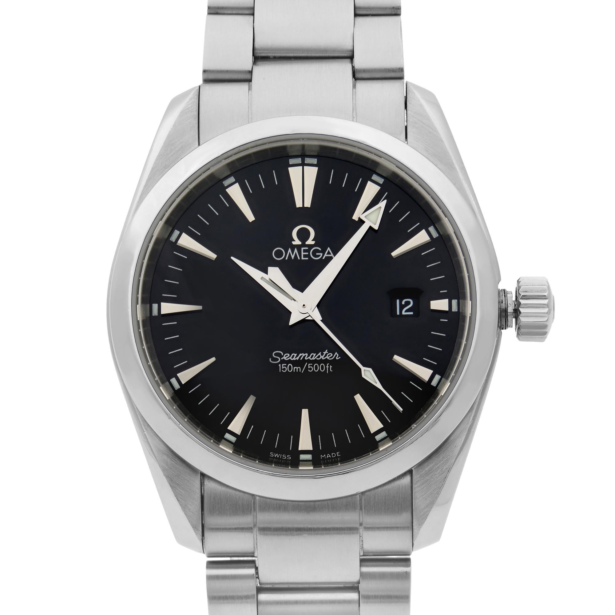 This pre-owned Omega Seamaster Aqua Terra 2518.50.00 is a beautiful men's timepiece that is powered by quartz (battery) movement which is cased in a stainless steel case. It has a round shape face, date indicator dial and has hand sticks style