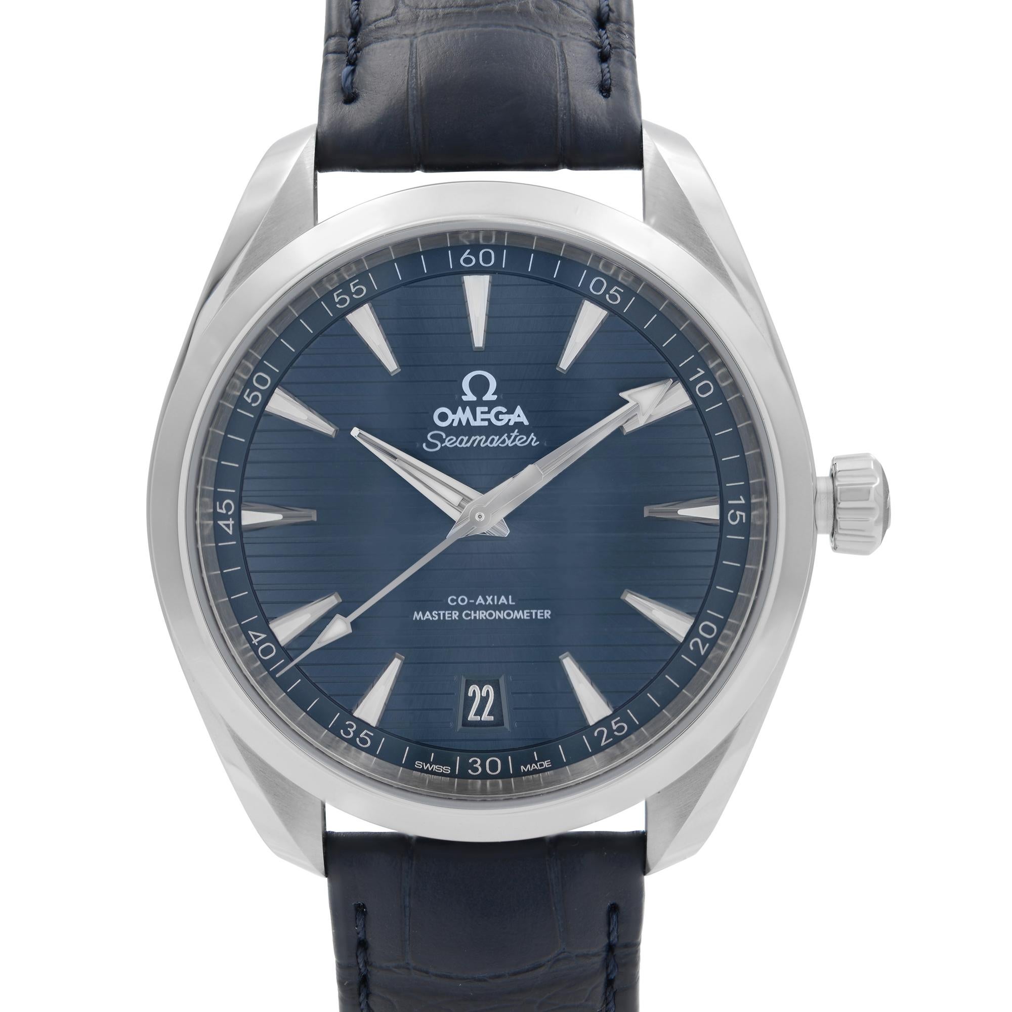 Display Model Omega Seamaster Aqua Terra Steel Blue Dial Automatic Men Watch 220.13.41.21.03.003. This Beautiful Timepiece is Powered by Mechanical (Automatic) Movement And Features: Round Stainless Steel Case with a Blue Leather Strap, Fixed
