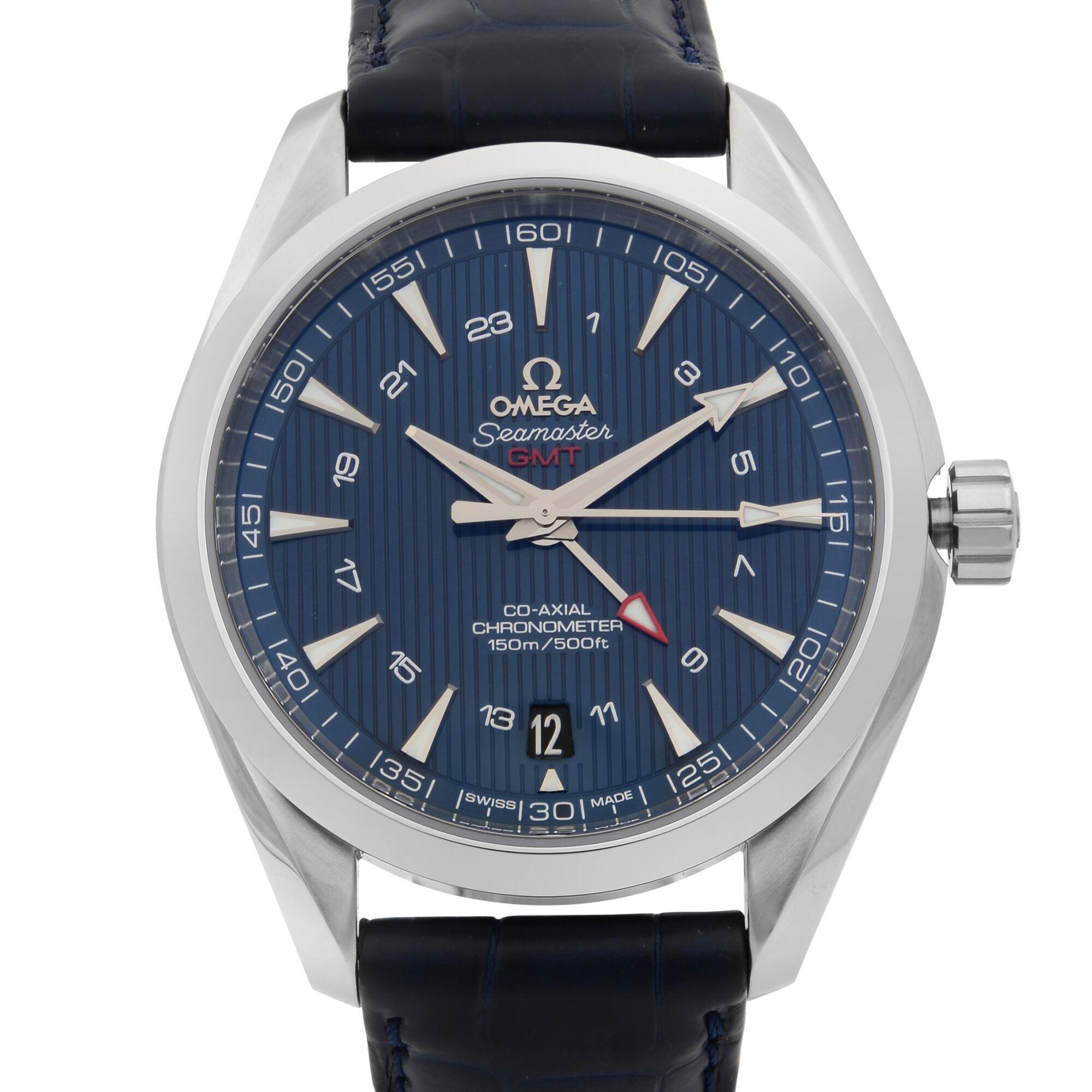 This brand new Omega  231.13.43.22.03.001 is a beautiful men's timepiece that is powered by mechanical (automatic) movement which is cased in a stainless steel case. It has a round shape face, gmt, date indicator dial and has hand arabic numerals,