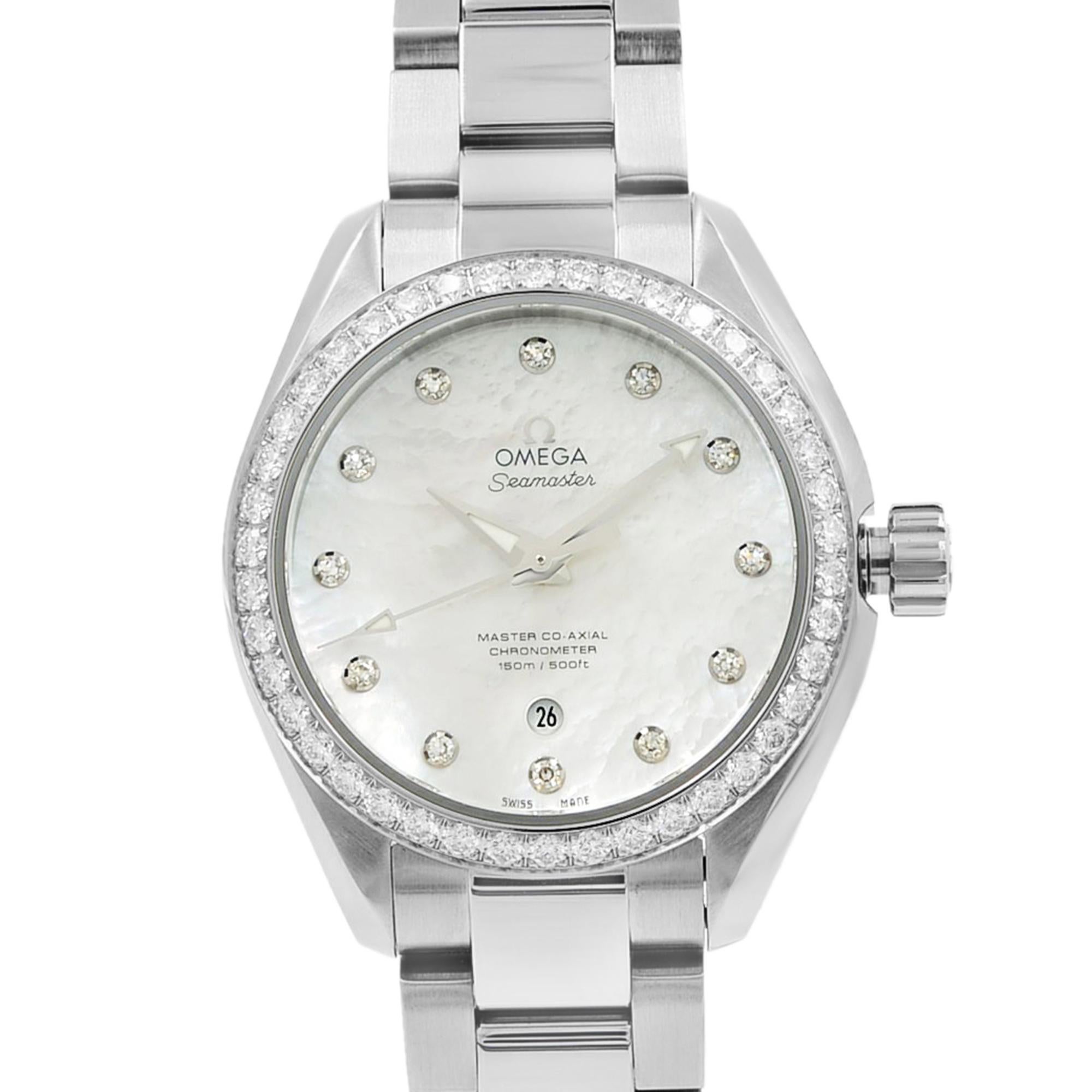 Display Model Omega Seamaster Aqua Terra Steel Diamond MOP Ladies Watch 231.15.34.20.55.002. This Beautiful Timepiece Features: Stainless Steel Case and Bracelet, Fixed Stainless Steel Bezel Set with Diamonds, Mother-of-Pearl Dial with Luminous