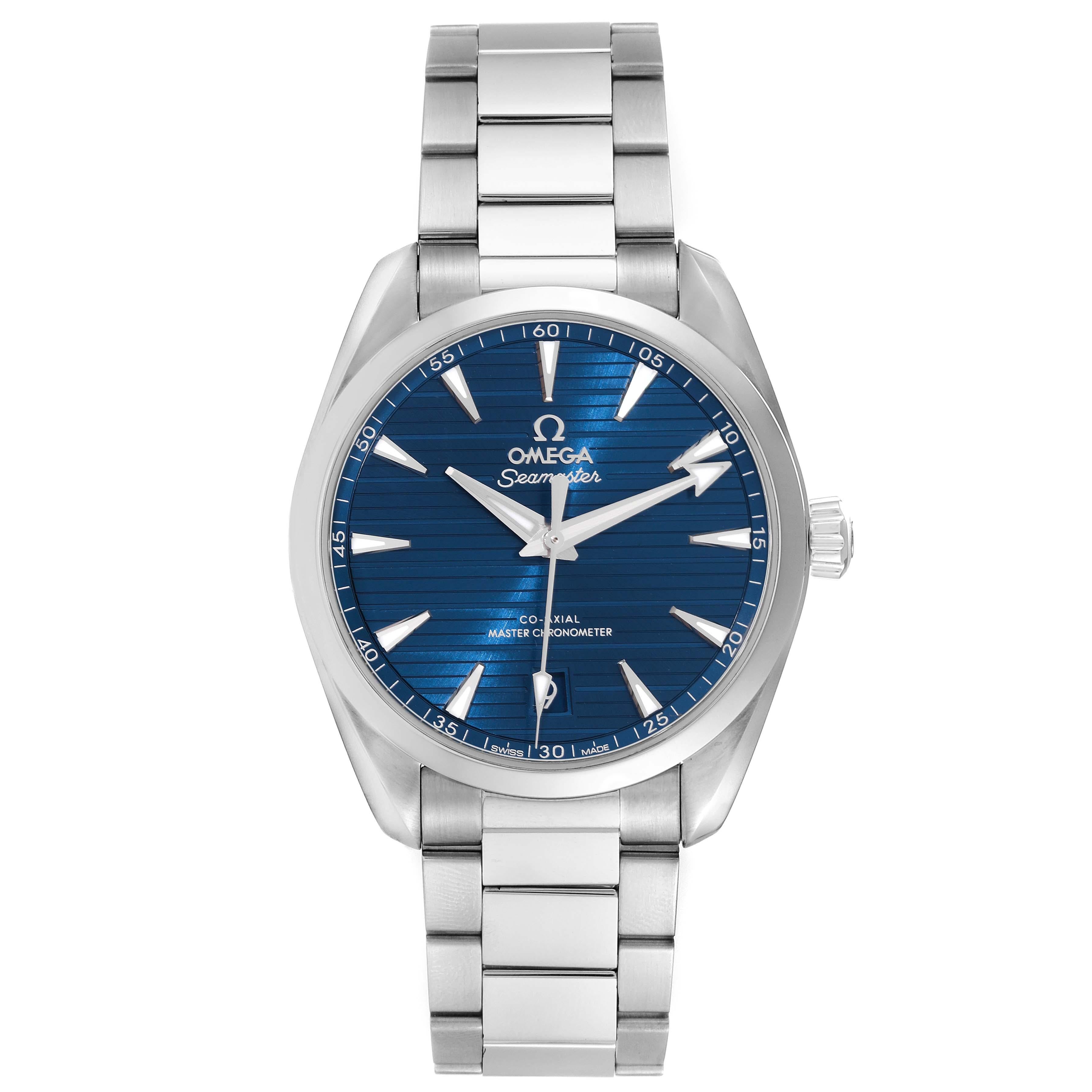 Omega Seamaster Aqua Terra Steel Mens Watch 220.10.38.20.03.001 Box Card. Automatic self-winding movement. Stainless steel round case 38.5 mm in diameter. Transparent exhibition sapphire crystal caseback. Stainless steel smooth bezel. Scratch