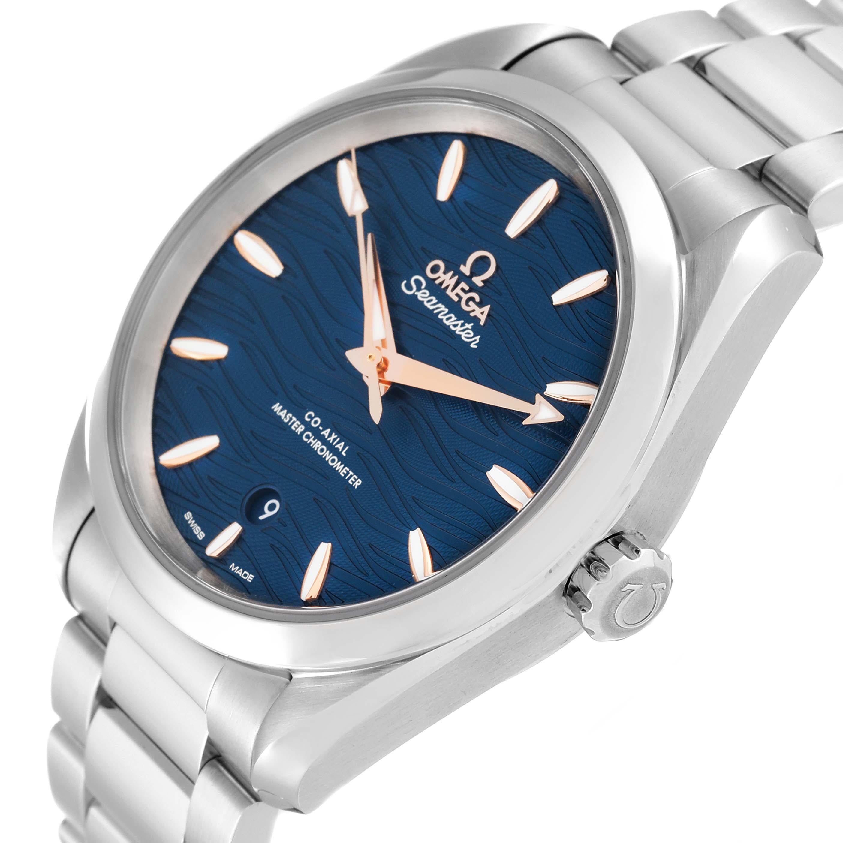 Omega Seamaster Aqua Terra Steel Mens Watch 220.10.38.20.03.002 Box Card. Automatic self-winding movement with Co-Axial Escapement. Stainless steel round case 38.0 mm in diameter. Exhibition transparent sapphire crystal caseback. Stainless steel