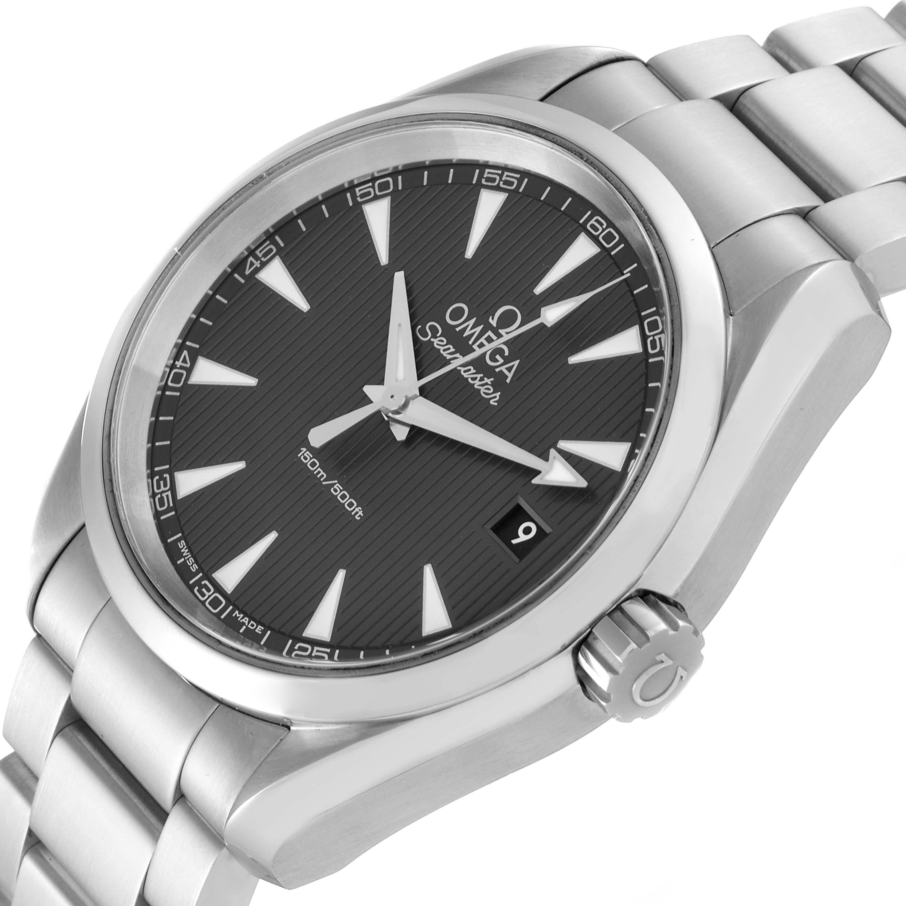 Omega Seamaster Aqua Terra Steel Mens Watch 231.10.39.60.06.001 Box Card. Quartz precision movement with rhodium-plated finish. Stainless steel round case 38.5 mm in diameter. Stainless steel smooth bezel. Scratch resistant sapphire crystal. Grey