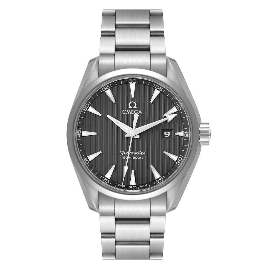 Omega Seamaster Aqua Terra Steel Mens Watch 231.10.39.61.06.001. Quartz precision movement with rhodium-plated finish. Stainless steel round case 38.5 mm in diameter. Stainless steel smooth bezel. Scratch resistant sapphire crystal. Grey teak dial