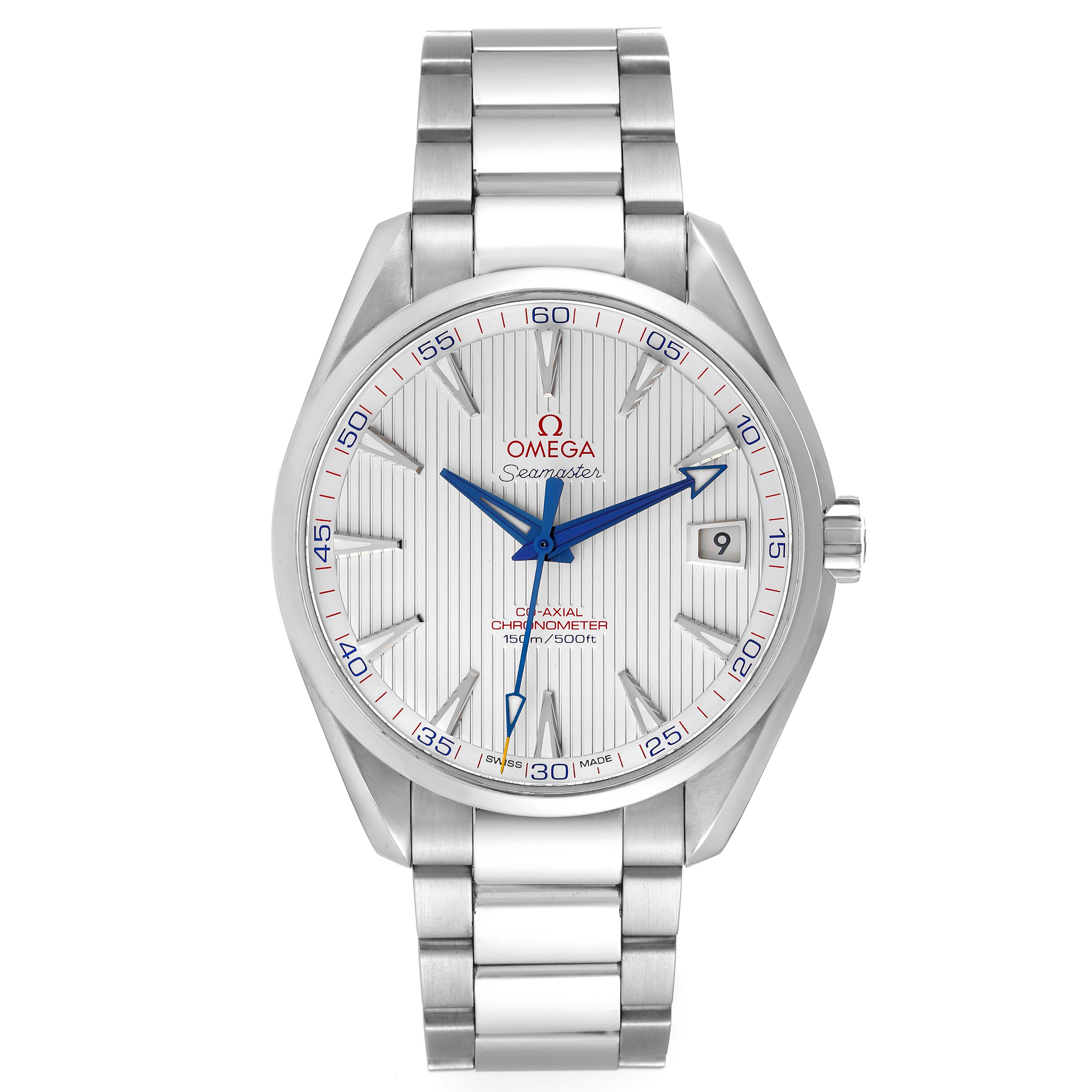 Omega Seamaster Aqua Terra Steel Mens Watch 231.10.42.21.02.002 Box Card. Automatic self-winding movement. Stainless steel round case 41.5 mm in diameter. Transparent exhibition sapphire crystal case back. Stainless steel smooth bezel. Scratch