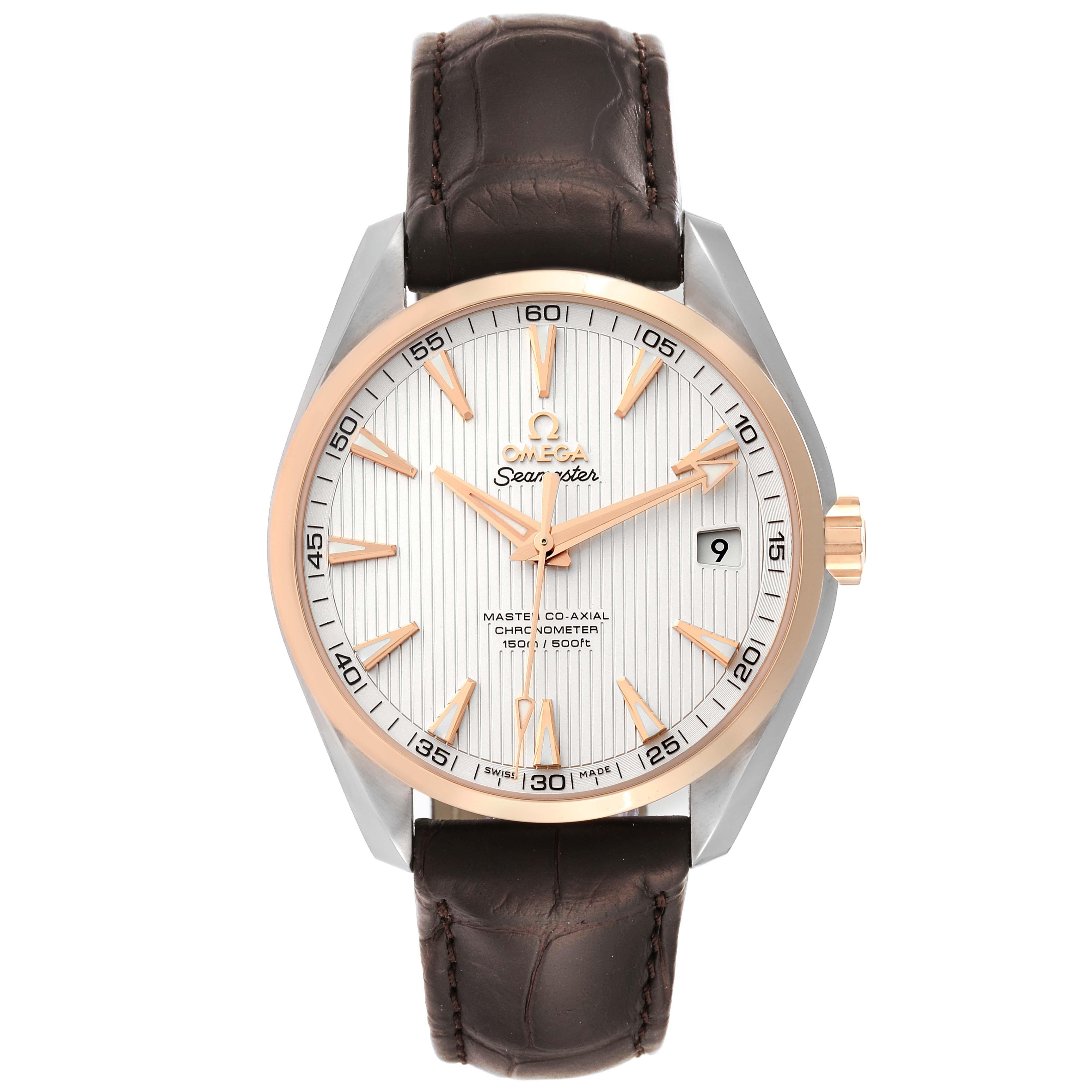 Omega Seamaster Aqua Terra Steel Rose Gold Mens Watch 231.23.42.21.02.001. Automatic self-winding movement. Stainless steel round case 41.5 mm in diameter. Exhibition transparent sapphire crystal caseback. 18k rose gold smooth bezel. Scratch