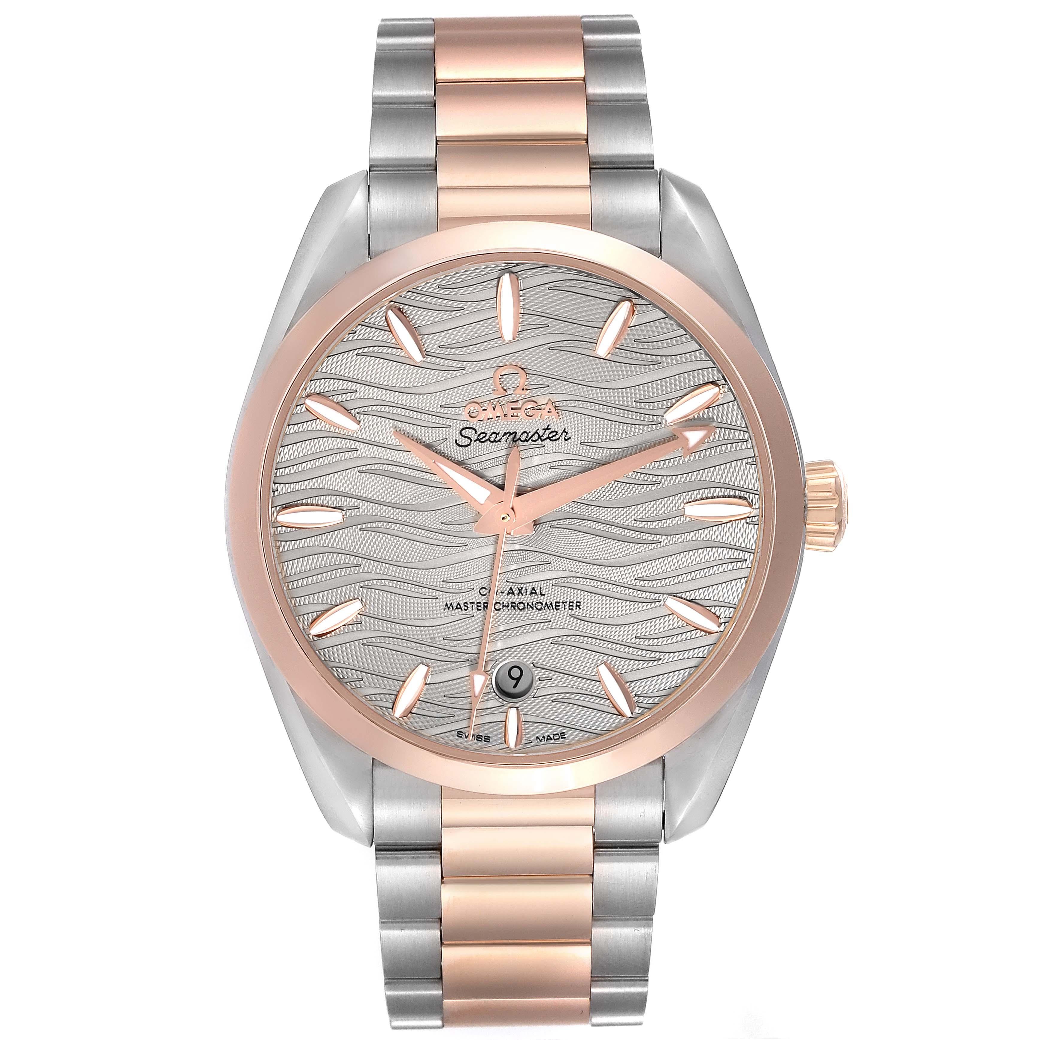 Omega Seamaster Aqua Terra Steel Rose Gold Mens Watch 220.20.38.20.06.001 Box Card. Automatic self-winding movement with Co-Axial Escapement. Caliber 8800. Stainless steel and 18k rose gold round case 38.0 mm in diameter. Exhibition transparent