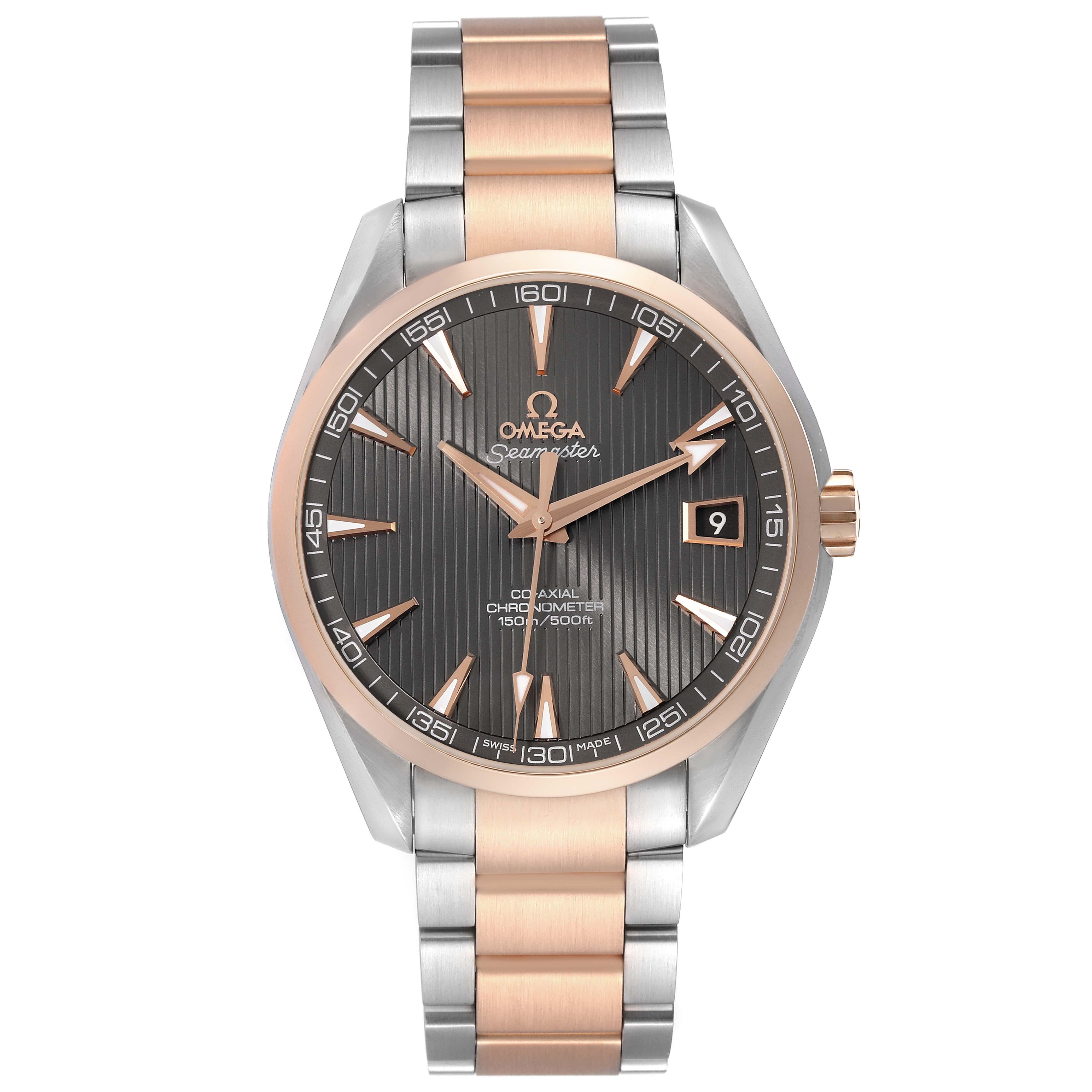 Omega Seamaster Aqua Terra Steel Rose Gold Watch 231.20.42.21.06.001 Box Card. Automatic self-winding movement. Stainless steel round case 41.5 mm in diameter. Exhibition transparent sapphire crystal caseback. 18k rose gold smooth bezel. Scratch