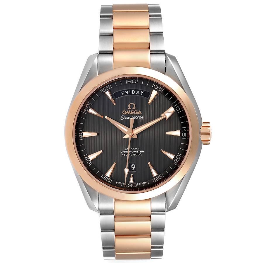 Omega Seamaster Aqua Terra Steel Rose Gold Watch 231.20.42.22.06.001 Box Crad. Automatic self-winding movement. Stainless steel round case 41.5 mm in diameter. Transparent case back. 18k rose gold smooth bezel. Scratch resistant sapphire crystal.