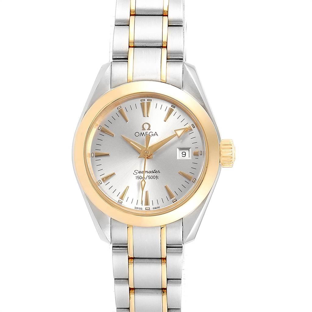 Omega Seamaster Aqua Terra Steel Yellow Gold Ladies Watch 2377.30.00. Quartz movement. Stainless steel and yellow gold round case 29.2 mm in diameter. Yellow gold fixed smooth bezel. Scratch resistant sapphire crystal. Silver dial with gold index