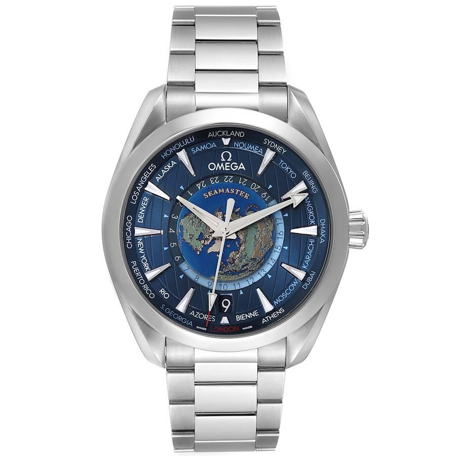 Omega Seamaster Aqua Terra Worldtimer GMT Watch 220.10.43.22.03.001 Box Card. Movimento automatico a carica automatica con scappamento coassiale per una maggiore precisione. GMT con funzione di fuso orario. Bilanciere in silicio su bilanciere a