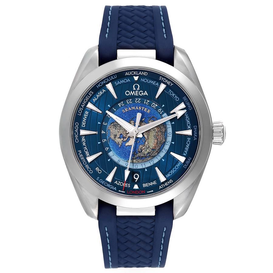 Omega Seamaster Aqua Terra Worldtimer GMT Orologio Uomo 220.12.43.22.03.001 Scheda Box. Movimento automatico a carica automatica con scappamento coassiale per una maggiore precisione. GMT con funzione di fuso orario. Bilanciere in silicio su