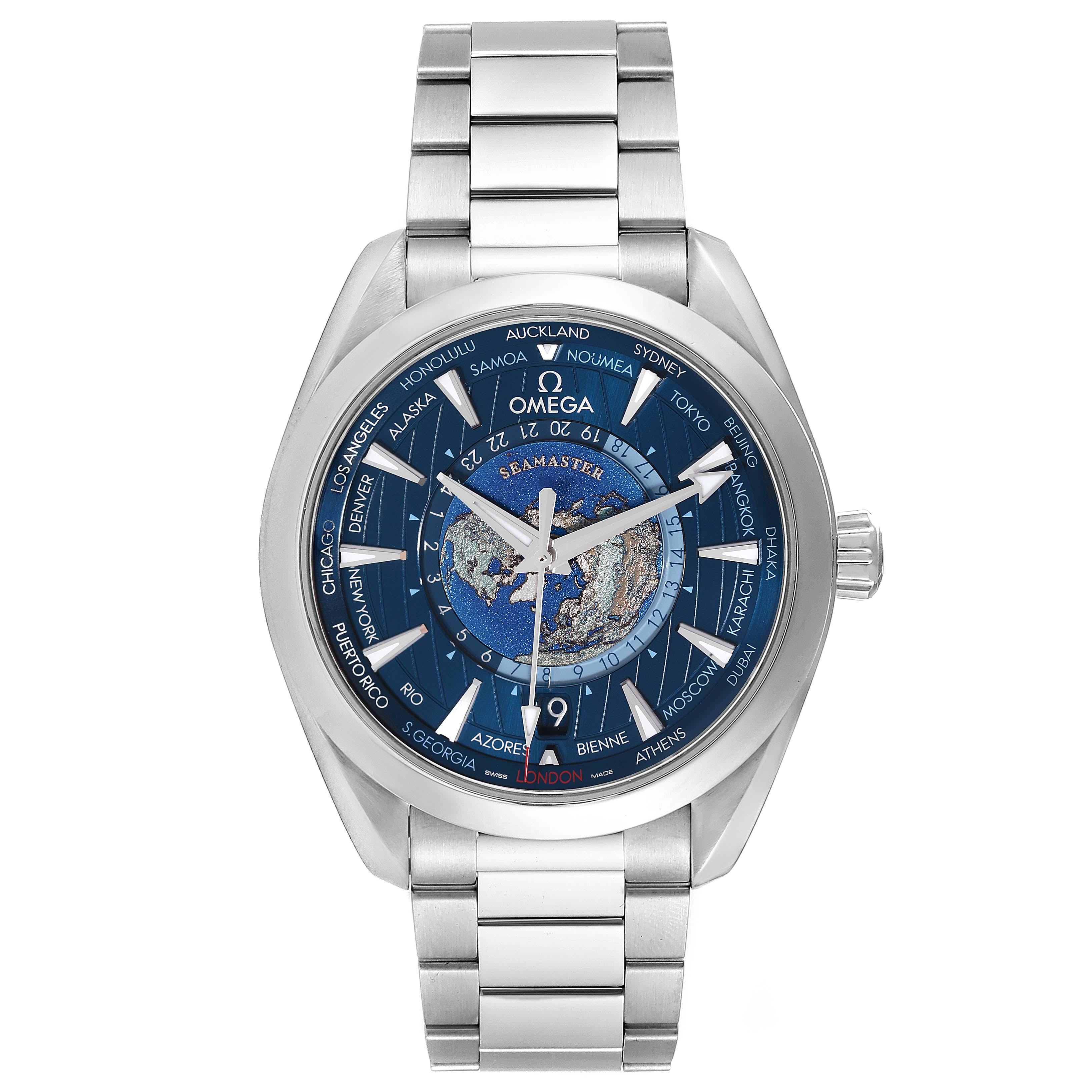Omega Seamaster Aqua Terra Worldtimer Steel Mens Watch 220.10.43.22.03.001 Box Card. Automatic self-winding movement with Co-Axial Escapement for greater precision. GMT with time zone function. Silicon balance-spring on free sprung-balance, 2