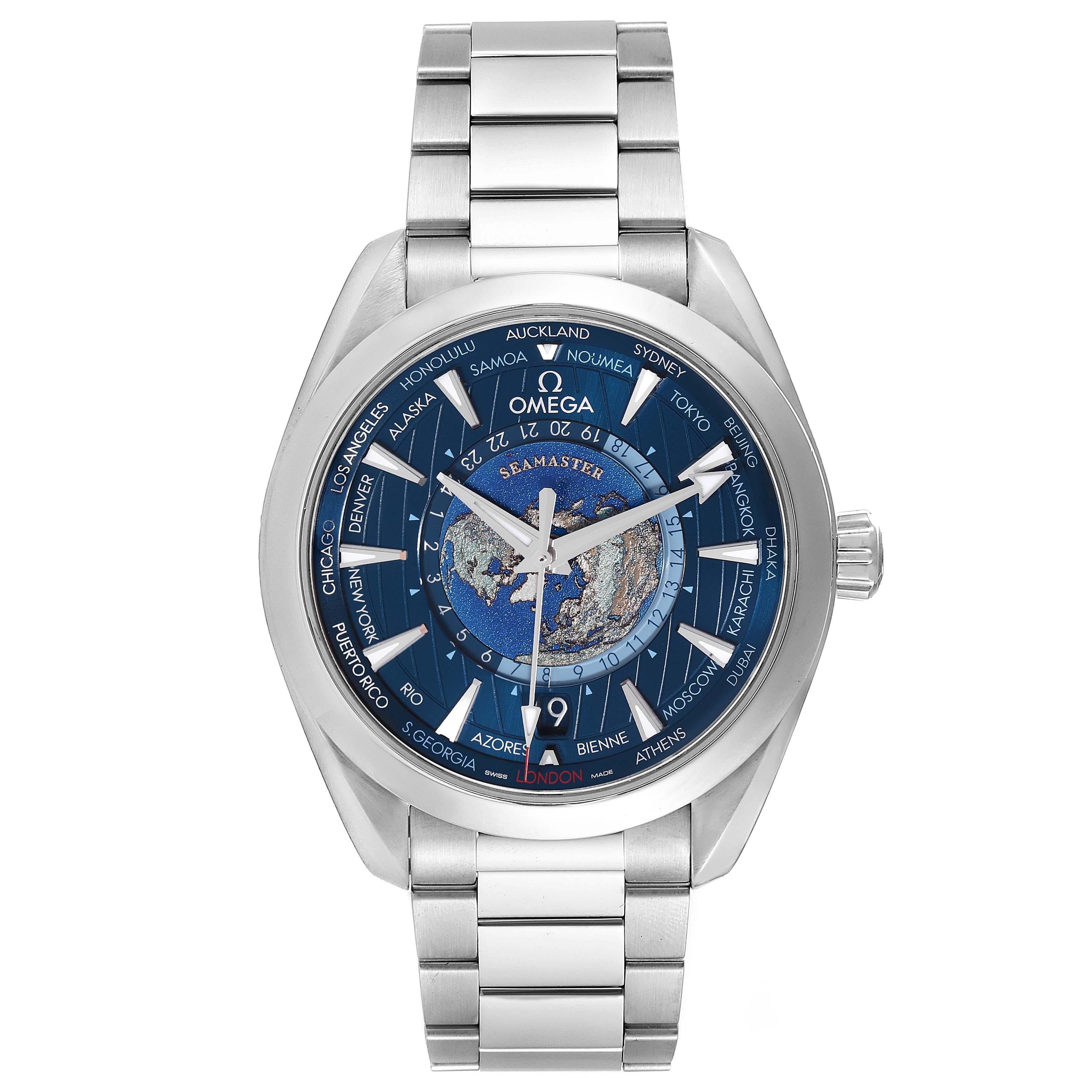 Omega Seamaster Aqua Terra Worldtimer Stahl Herrenuhr 220.10.43.22.03.001 Box-Karte. Automatisches Uhrwerk mit Co-Axial Hemmung für höhere Präzision. GMT mit Zeitzonenfunktion. Silizium-Unruh-Spiralfeder auf freier Unruh-Spiralfeder, 2 in Reihe