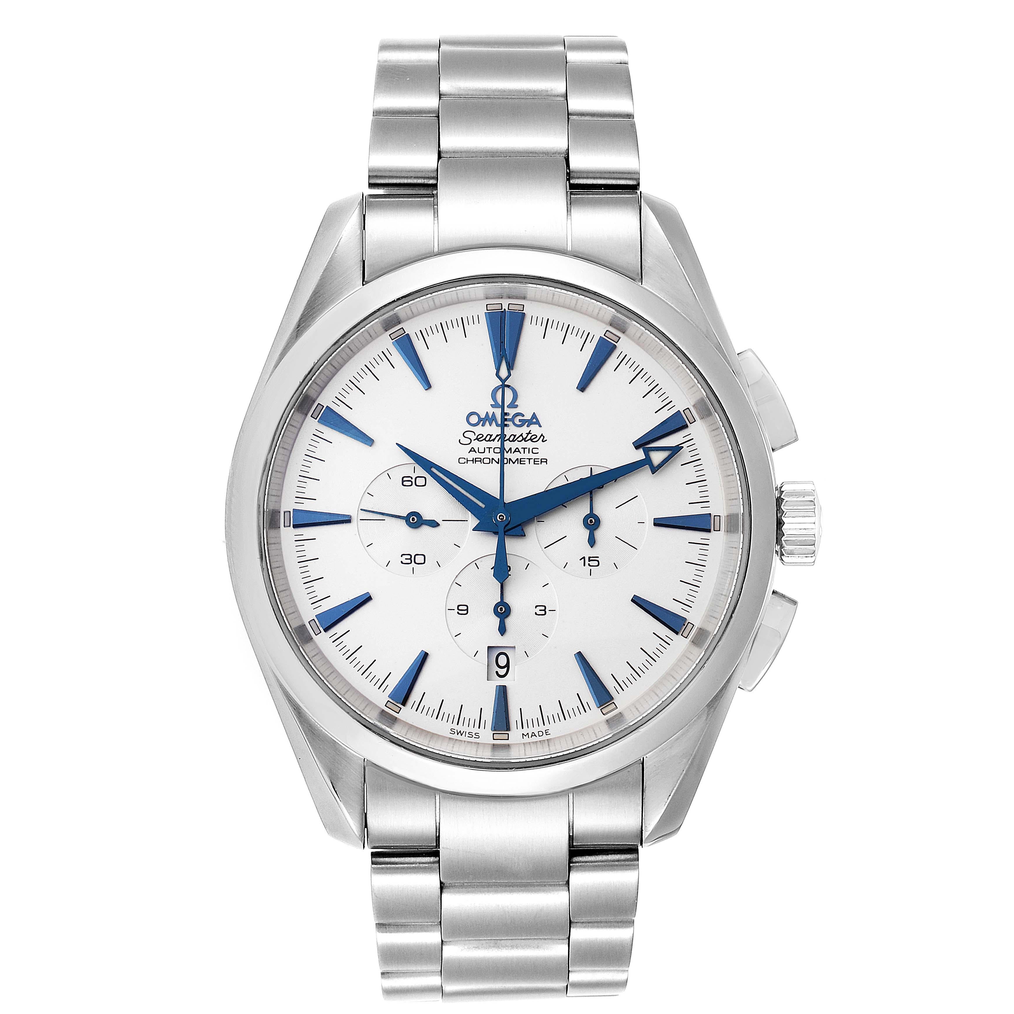 Omega Seamaster Aqua Terra XL Chronograph Watch 2512.30.00 Card. Automatic self-winding chronograph movement. Stainless steel round case 42.2 mm in diameter. Stainless steel fixed bezel. Scratch resistant sapphire crystal. Silvered dial with blue
