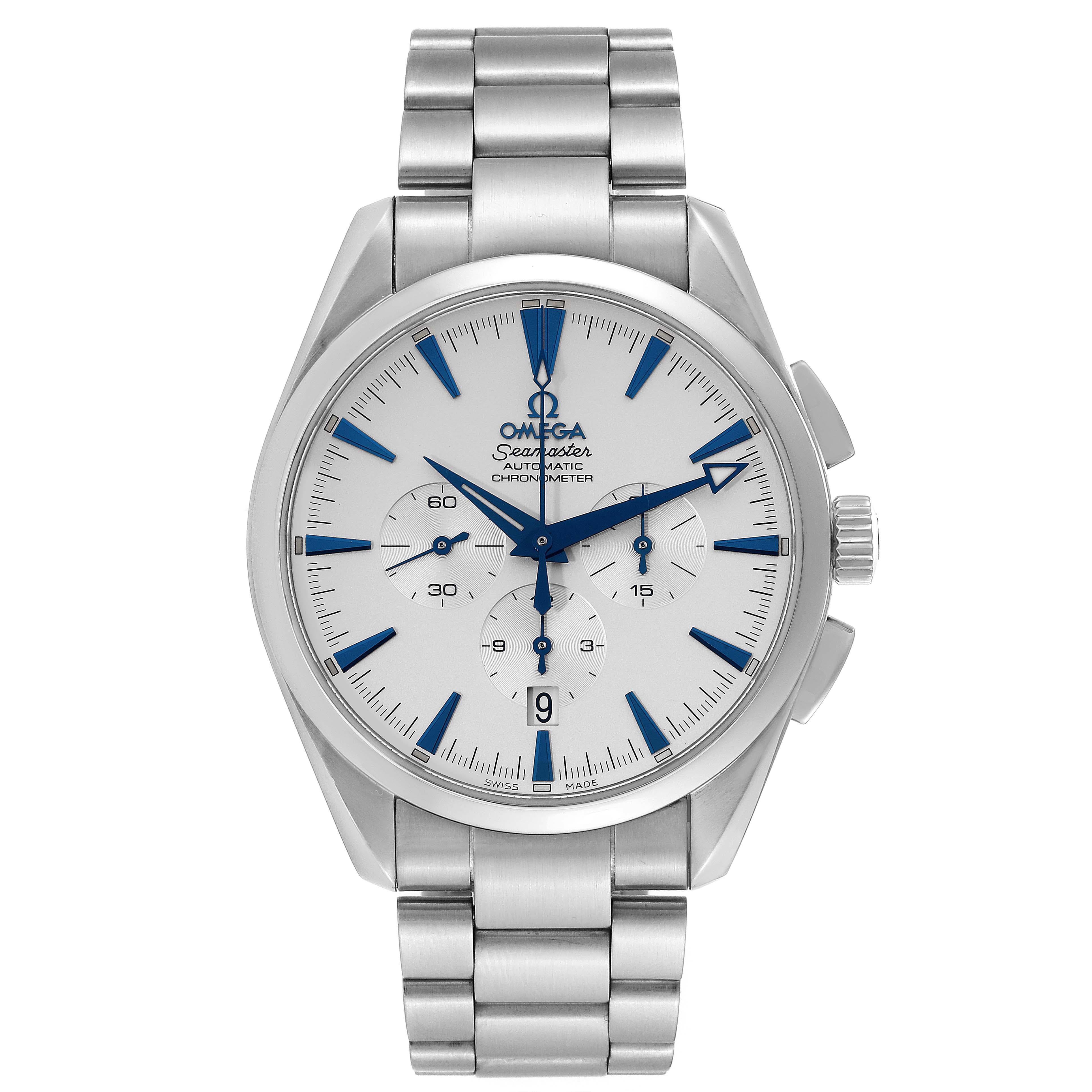 Omega Seamaster Aqua Terra XL Steel Mens Watch 2512.30.00. Automatic self-winding chronograph movement. Stainless steel round case 42.2 mm in diameter. Stainless steel smooth bezel. Scratch resistant sapphire crystal. Silvered dial with blue index