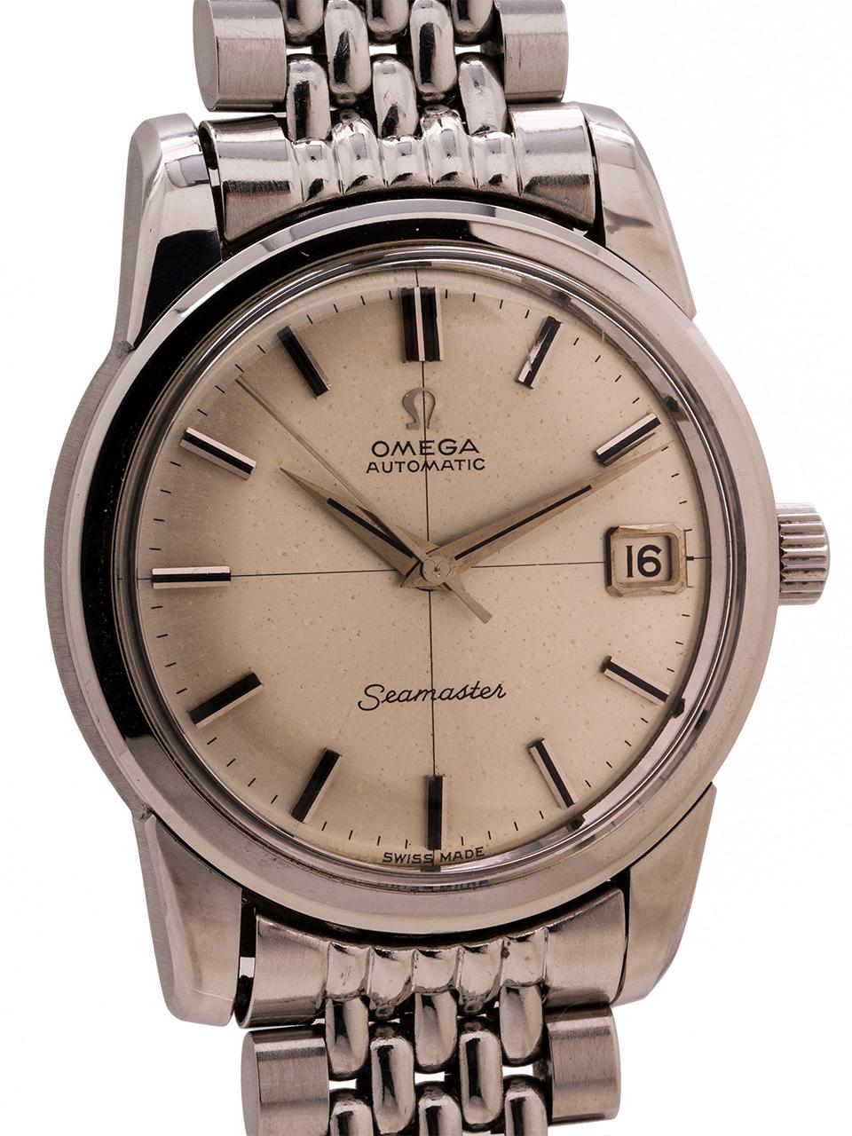 
An exceptionally clean condition Omega Seamaster automatic ref# 166.009 movement serial# 23 million circa 1966. Classic early vintage model with 34mm diameter case with bold, heavy tapered lugs, screw back case with deeply embossed Seamaster logo,