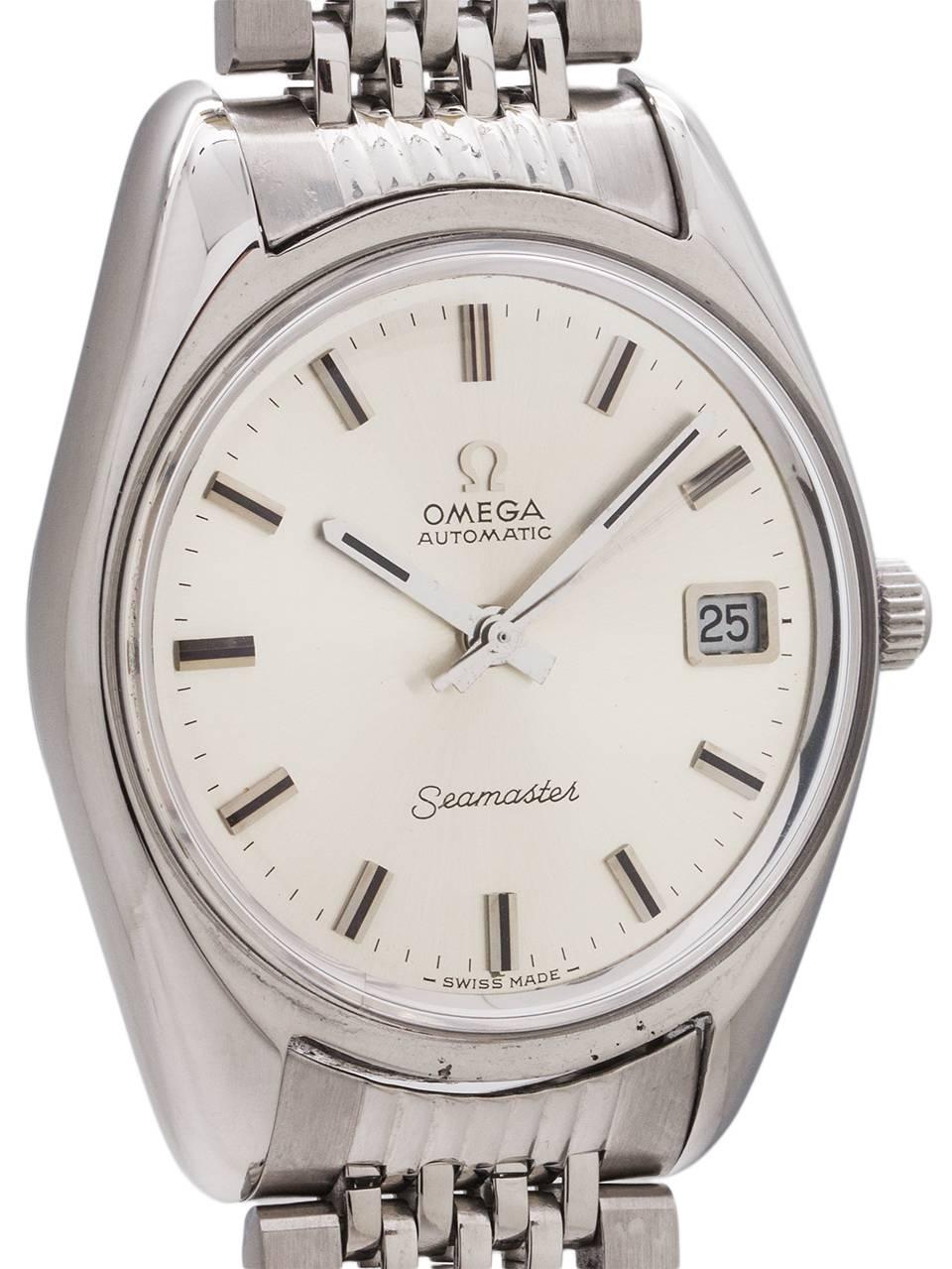 
A truly exceptional example Omega Seamaster automatic with date ref 166.067 stainless steel circa 1971. Featuring a robust 35 x 42mm diameter case with smooth wide bezel, substantial contoured lugs and acrylic crystal with signed Omega crown and