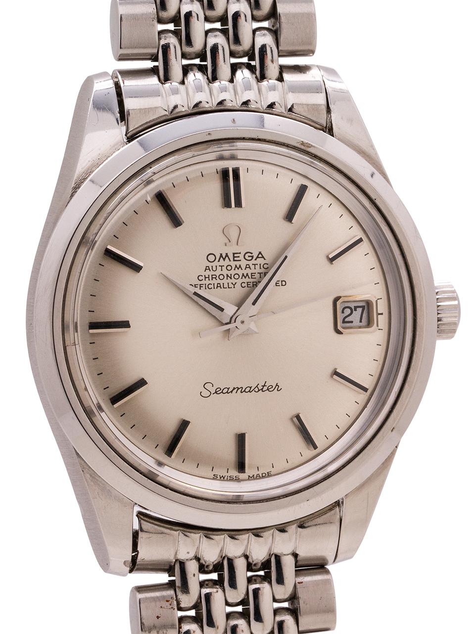 
A truly exceptional example Omega Seamaster automatic with date, ref 168.024, circa 1969. Featuring a robust 35mm stainless steel case with smooth wide bezel, substantial contoured lugs and acrylic crystal and signed crown. Deeply embossed Omega