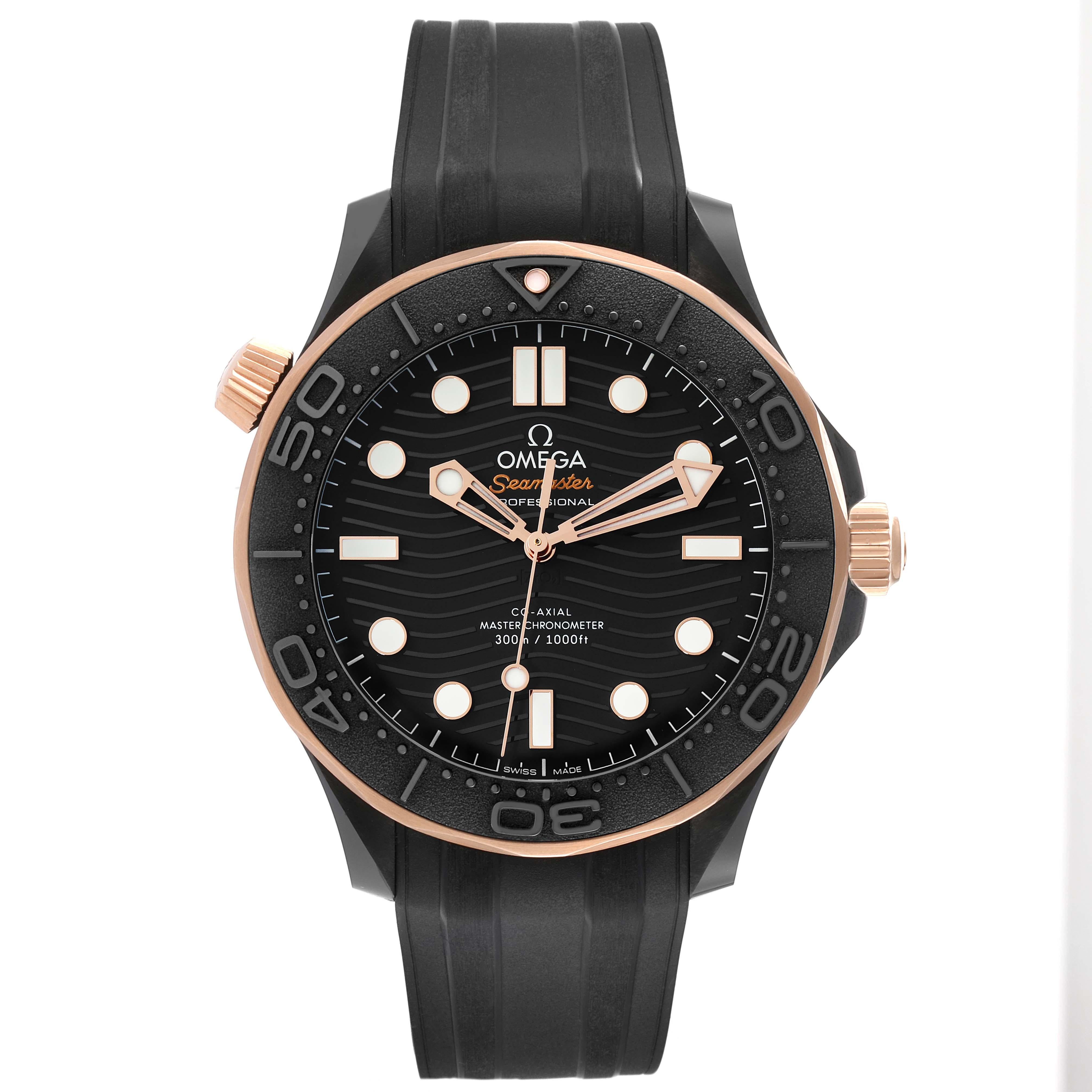 Omega Seamaster Black Ceramic Rose Gold Mens Watch 210.62.44.20.01.001 Box Card. Automatic Self-winding movement with a Co-Axial escapement. Certified Master Chronometer, approved by METAS, resistant to magnetic fields reaching 15,000 gauss. Free