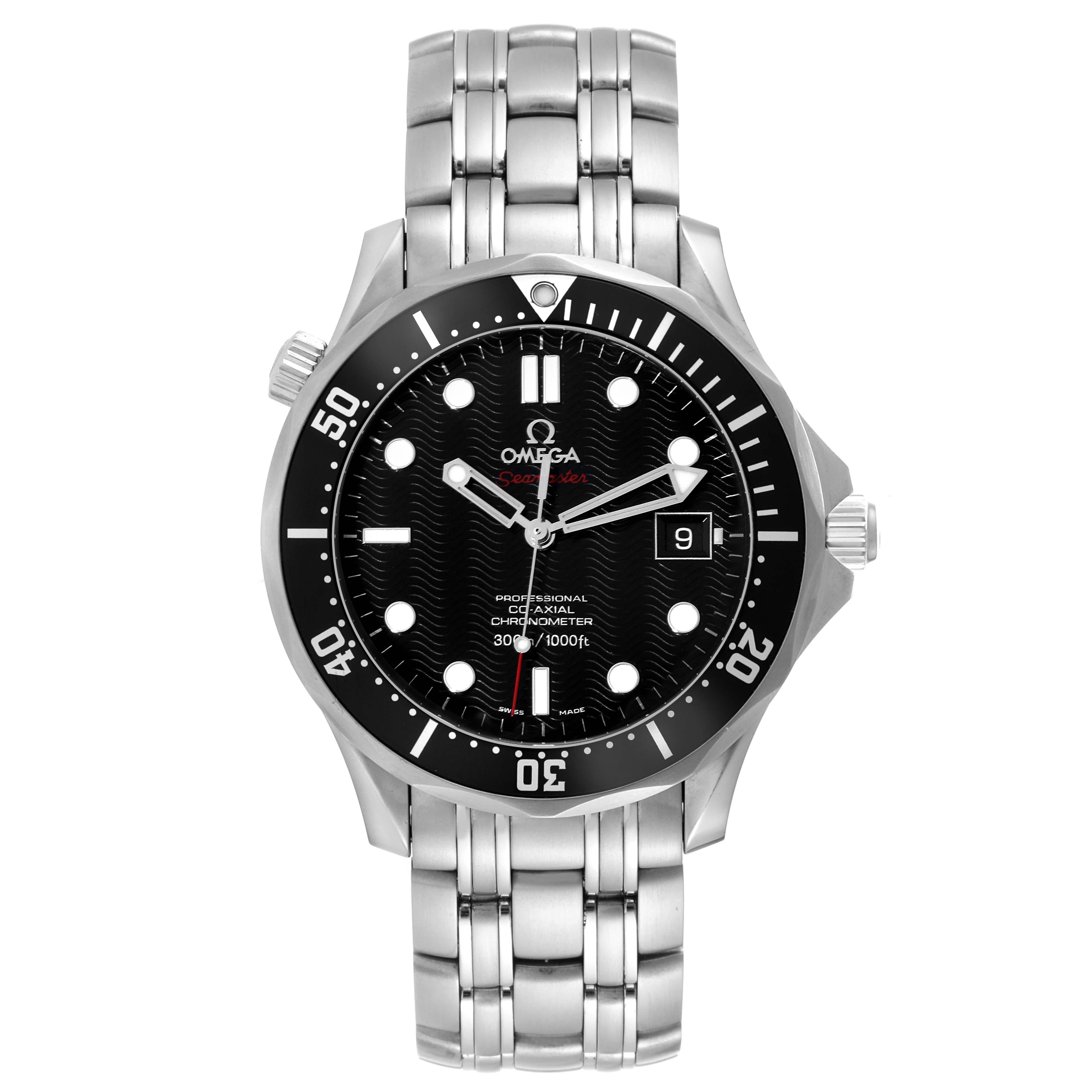 Omega Seamaster Black Dial Steel Mens Watch 212.30.41.20.01.002 Box Card. Automatic self-winding movement. Stainless steel case 41.0 mm in diameter. Helium escape valve at 10 o'clock. Omega logo on the crown. Black unidirectional rotating bezel.