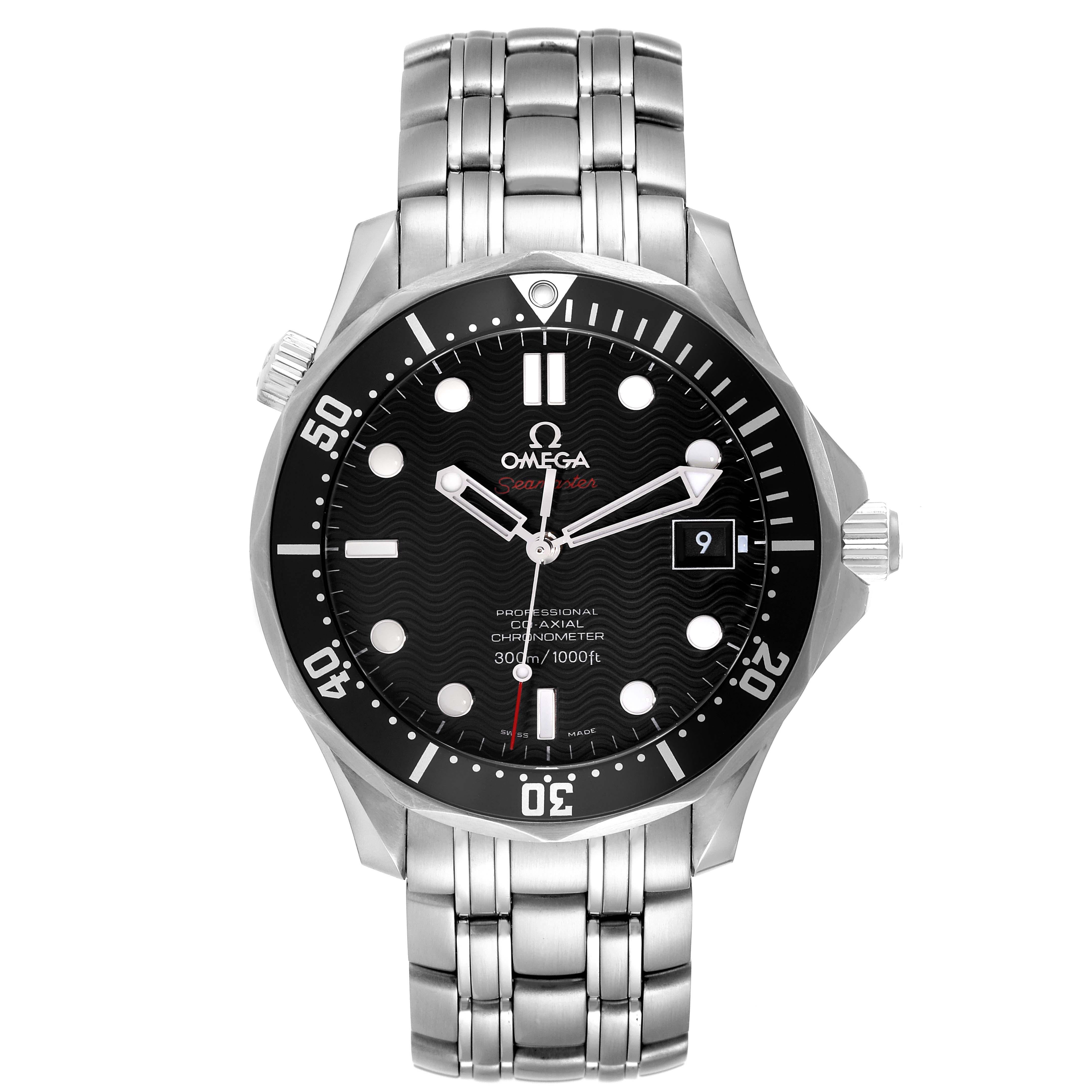 Omega Seamaster Black Dial Steel Mens Watch 212.30.41.20.01.002 Card. Automatic self-winding movement. Stainless steel case 41.0 mm in diameter. Helium escape valve at 10 o'clock. Omega logo on the crown. Black unidirectional rotating bezel. Scratch