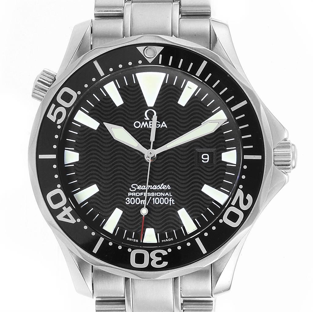 Omega Seamaster Black Dial Steel Mens Watch 2264.50.00 Card. Quartz movement. Stainless steel round case 41.0 mm in diameter. Black unidirectional rotating bezel. Scratch resistant sapphire crystal. Black wave decor dial with luminous index hour