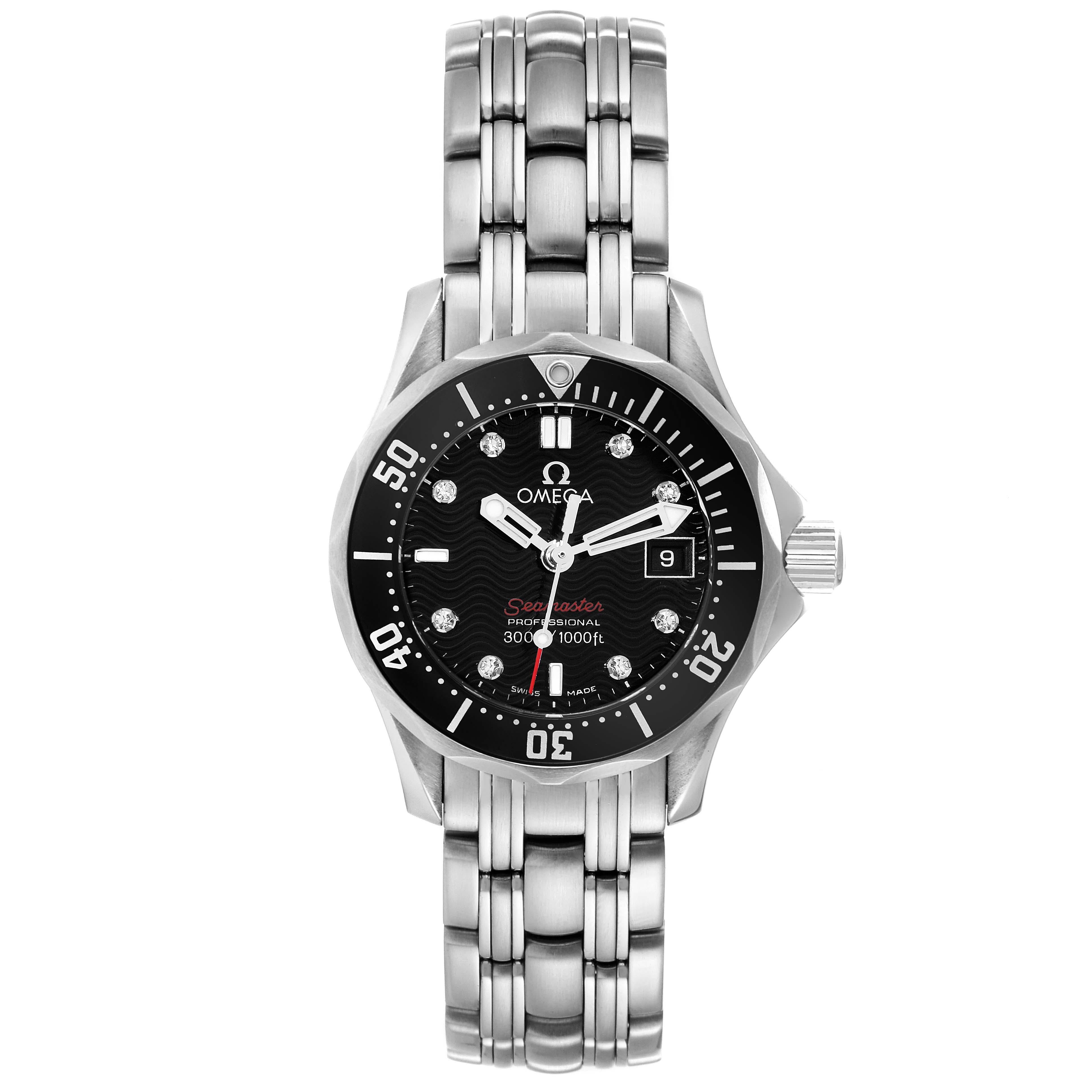 Omega Seamaster Black Diamond Dial Steel Ladies Watch 212.30.28.61.51.001 Card. Quartz movement. Stainless steel round case 28.0 mm in diameter. Black unidirectional rotating bezel. Scratch resistant sapphire crystal. Black wave decor dial with