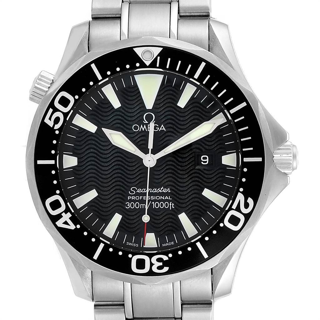 Omega Seamaster Black Wave Dial Steel Mens Watch 2264.50.00. Quartz movement. Stainless steel round case 41.0 mm in diameter. Black unidirectional rotating bezel. Scratch resistant sapphire crystal. Black wave decor dial with luminous index hour