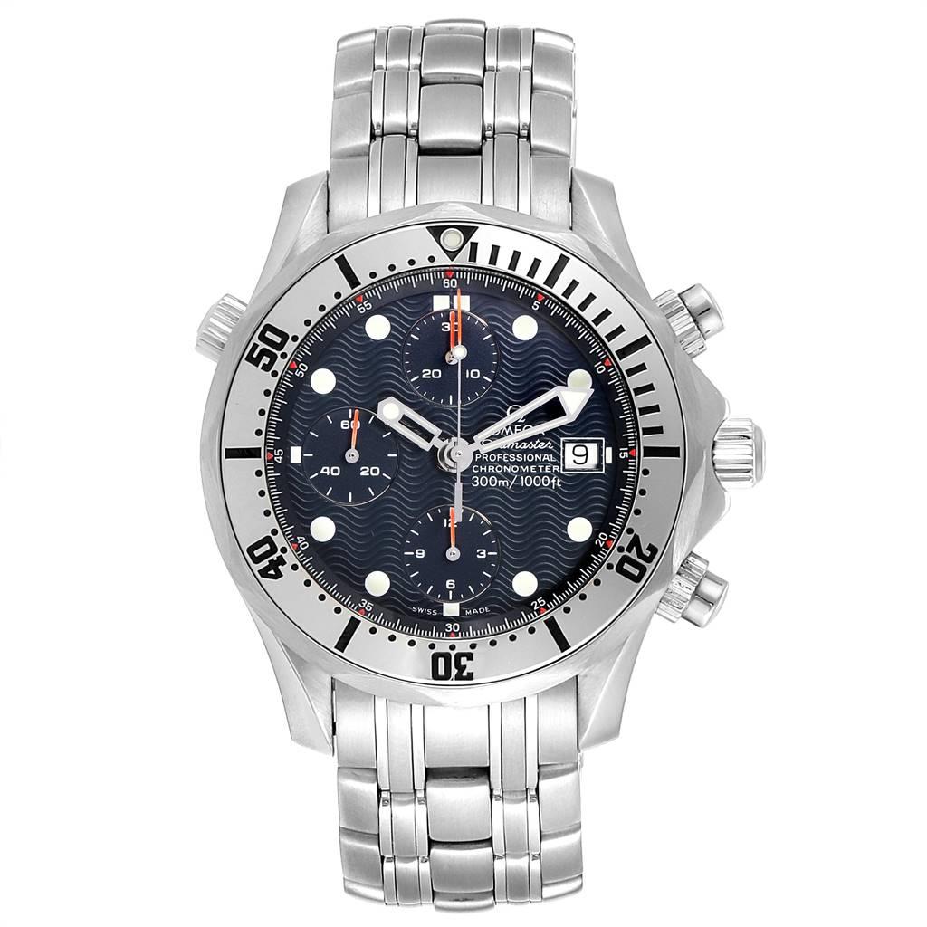 Omega Seamaster Blue Dial Chronograph Mens Watch 2598.80.00. Officially certified chronometer automatic self-winding movement. Chronograph function. Brushed and polished stainless steel case 41.5 mm in diameter. Omega logo on a crown. Unidirectional