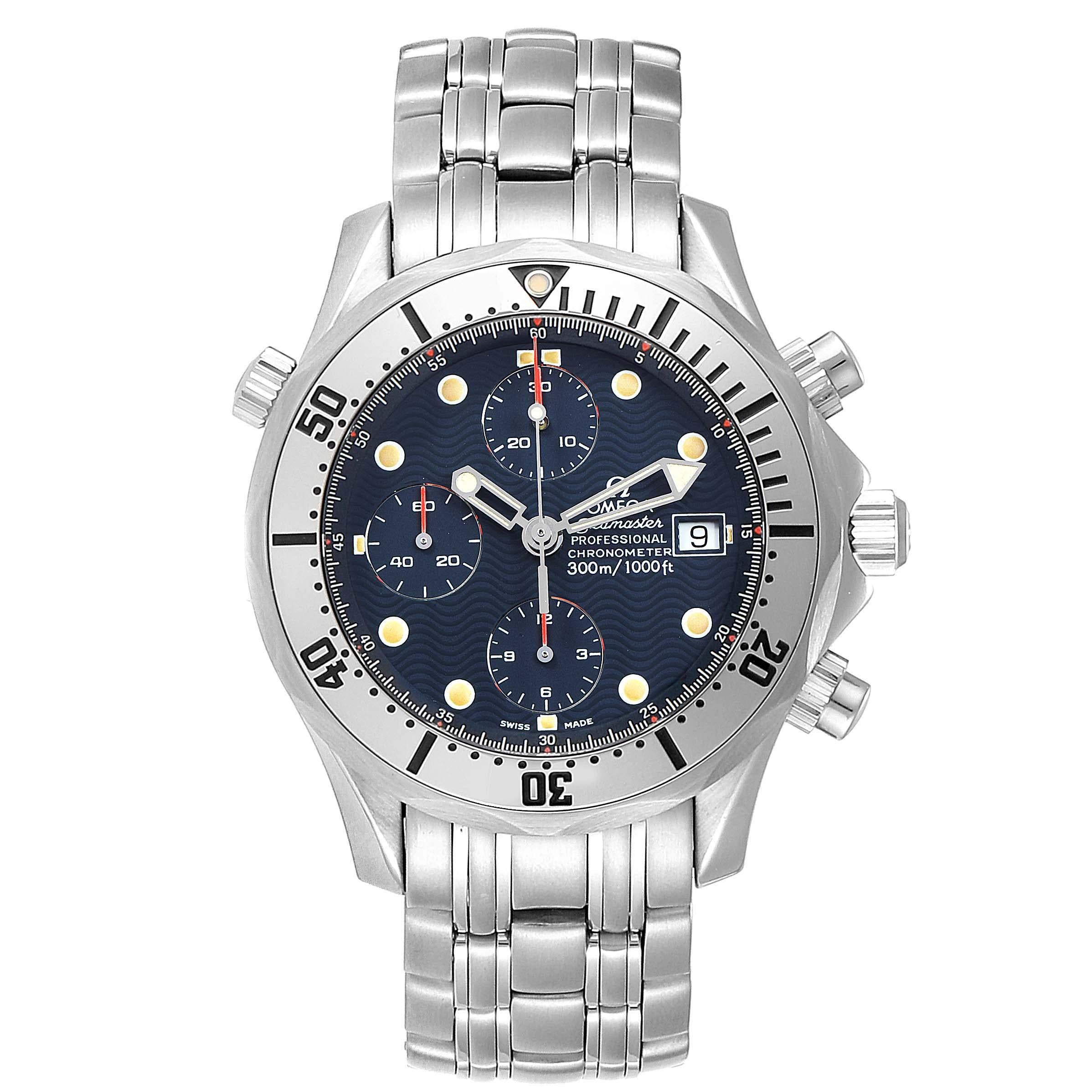 Omega Seamaster Blue Dial Chronograph Steel Mens Watch 2598.80.00. Officially certified chronometer automatic self-winding movement. Chronograph function. Brushed and polished stainless steel case 41.5 mm in diameter. Omega logo on a crown.