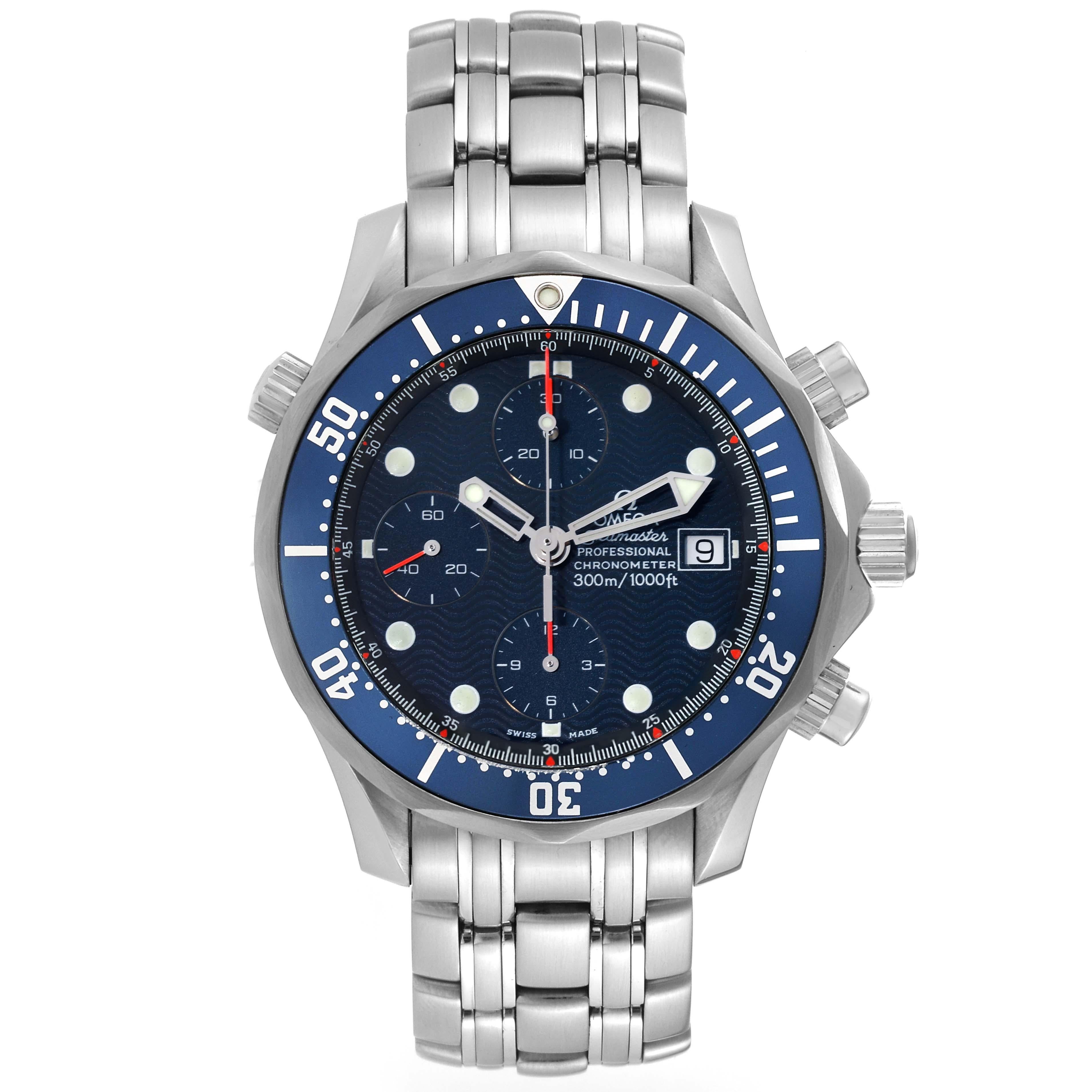 Omega Seamaster Blue Dial Chronograph Steel Mens Watch 2599.80.00 Card For Sale 1