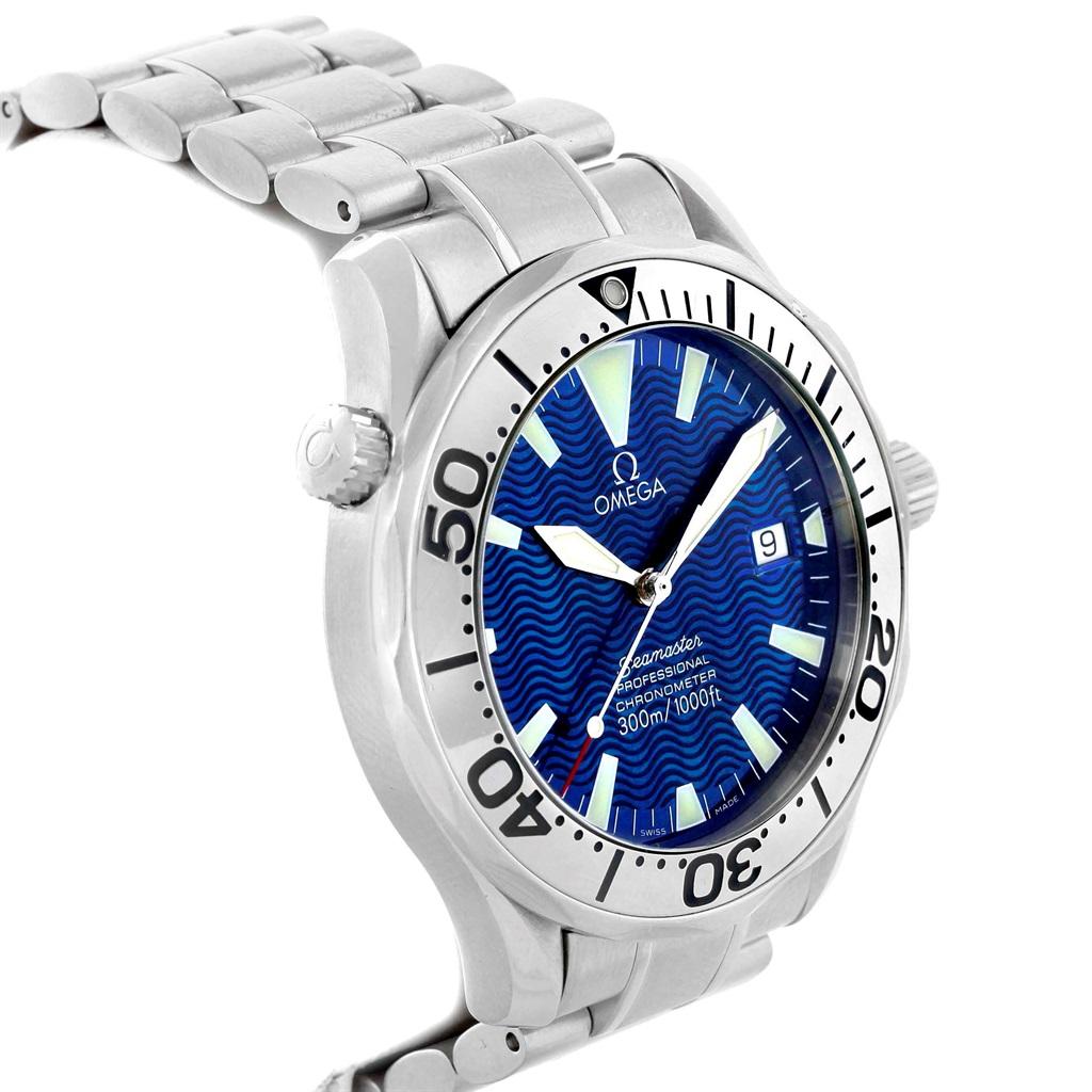 Omega Seamaster Blue Wave Dial Steel Mens Watch 2255.80.00 Card. Officially certified chronometer automatic self-winding movement. Caliber 1120. Stainless steel case 41.5 mm in diameter. Omega logo on a crown. Stainless steel unidirectional rotating