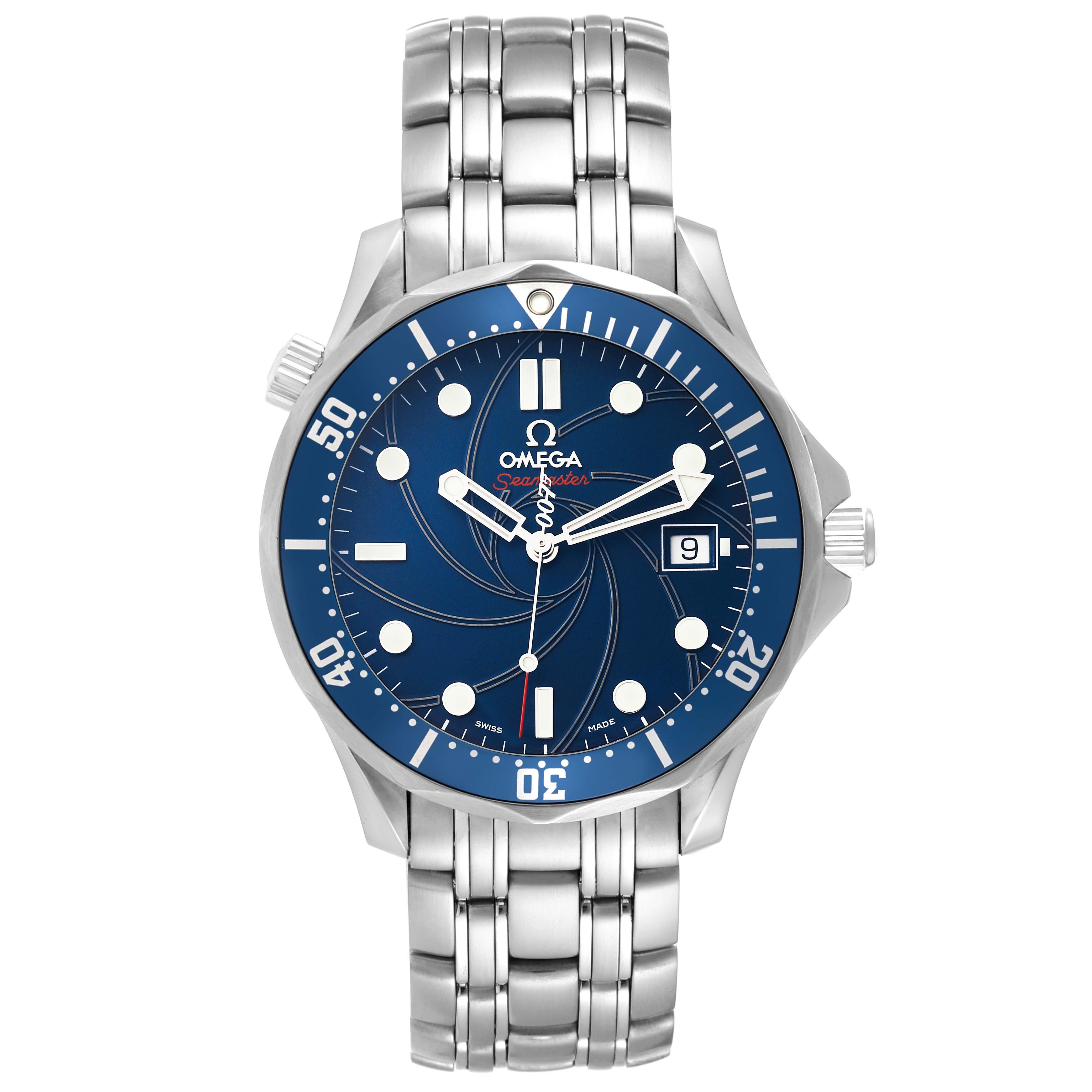 Omega Seamaster Bond 007 Limited Edition Mens Watch 2226.80.00 Box Card. Automatic self-winding movement. Stainless steel case 41.0 mm in diameter. Omega logo on the crown. Unidirectional rotating bezel. Scratch resistant sapphire crystal. Blue gun