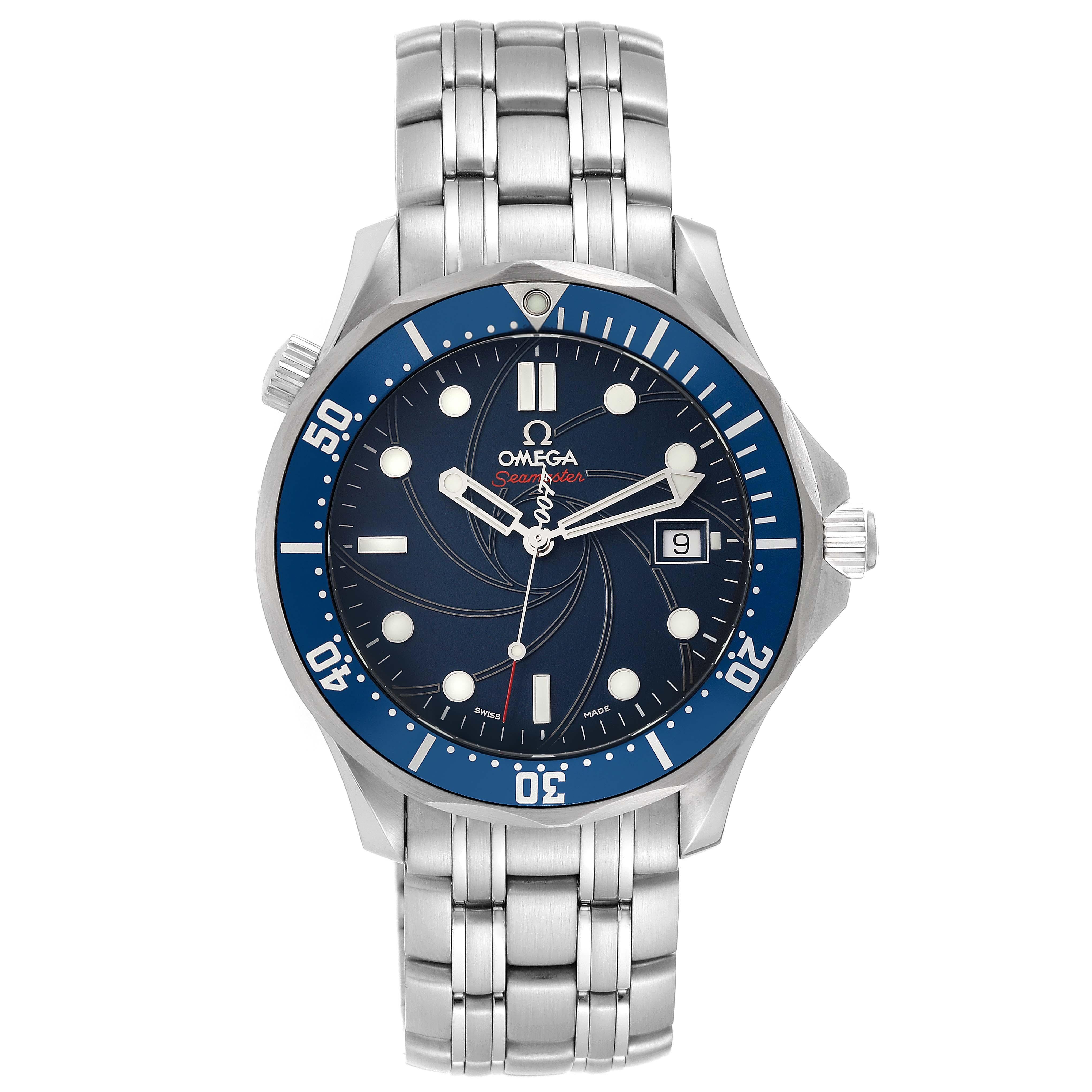 Omega Seamaster Bond 007 Limited Edition Steel Mens Watch 2226.80.00 Box Card. Automatic self-winding movement. Stainless steel case 41.0 mm in diameter. Omega logo on the crown. Unidirectional rotating bezel. Scratch resistant sapphire crystal.
