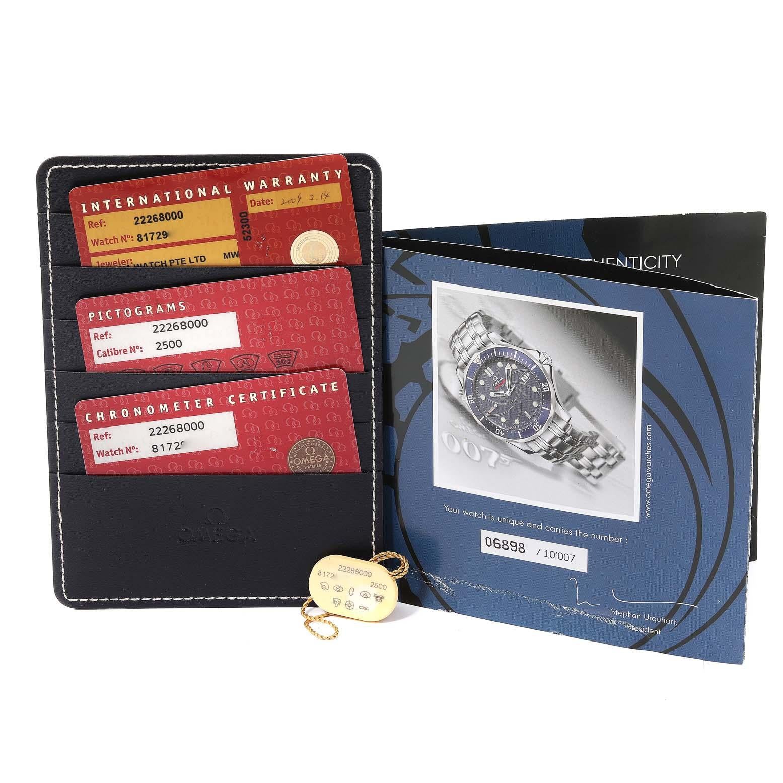 Omega Seamaster Bond 007 Limited Edition Steel Mens Watch 2226.80.00 Box Card en vente 5
