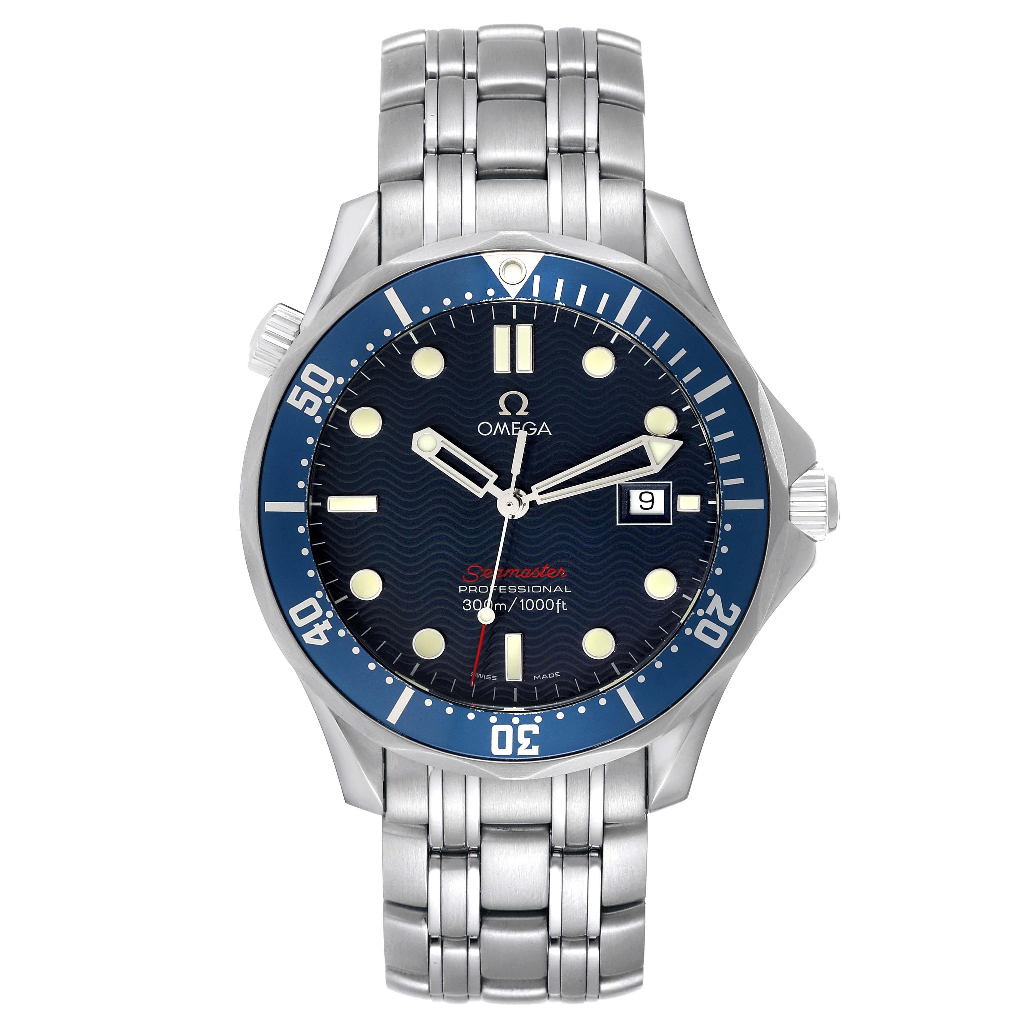 Omega Seamaster Bond 300M Blue Dial Steel Mens Watch 2221.80.00 Box Card. Quartz movement. Stainless steel case 41.0 mm in diameter. Omega logo on the crown. Blue unidirectional rotating bezel. Scratch resistant sapphire crystal. Blue wave decor