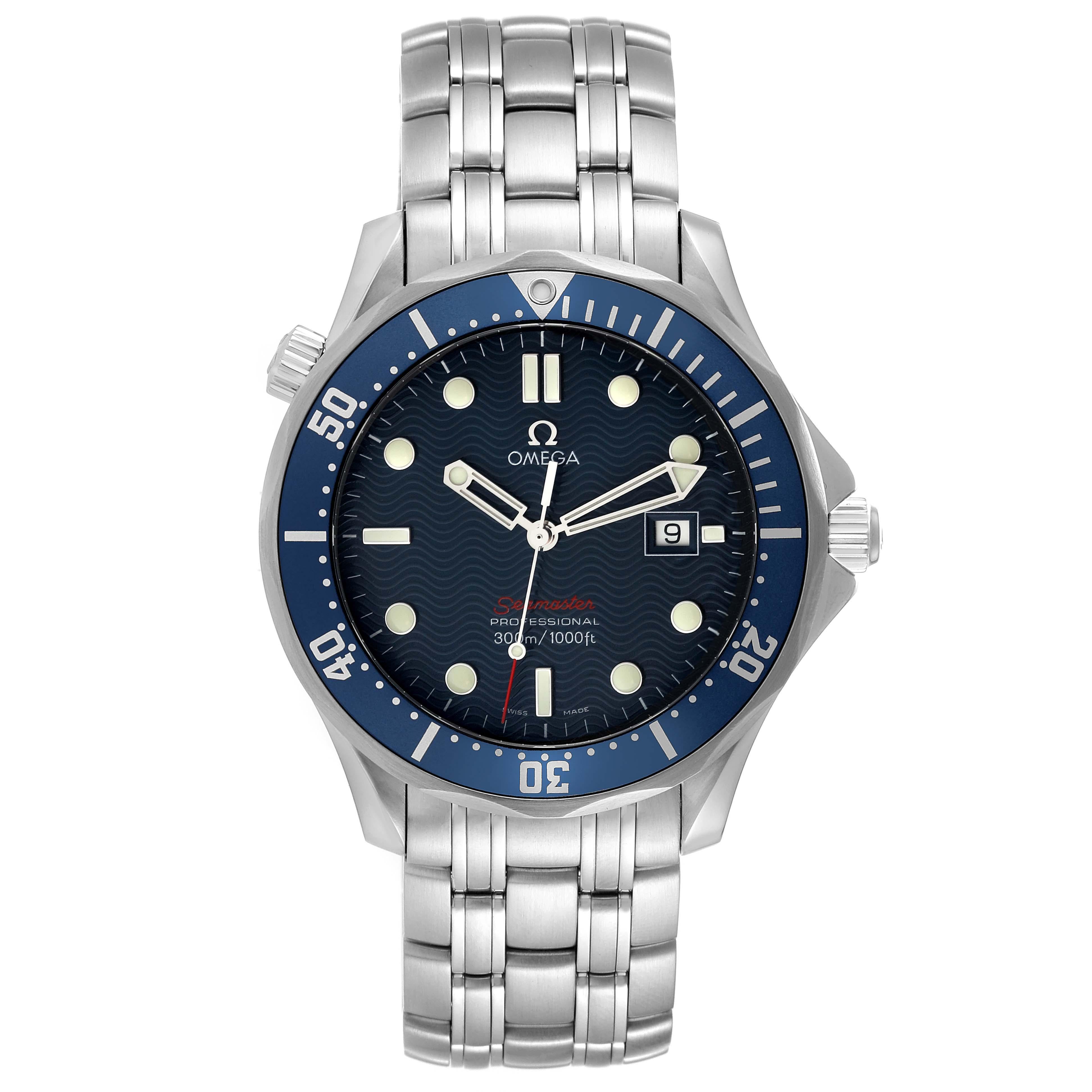 Omega Seamaster Bond 300M Blue Dial Steel Mens Watch 2221.80.00 Box Card. Quartz movement. Stainless steel case 41.0 mm in diameter. Omega logo on the crown. Blue unidirectional rotating bezel. Scratch resistant sapphire crystal. Blue wave decor