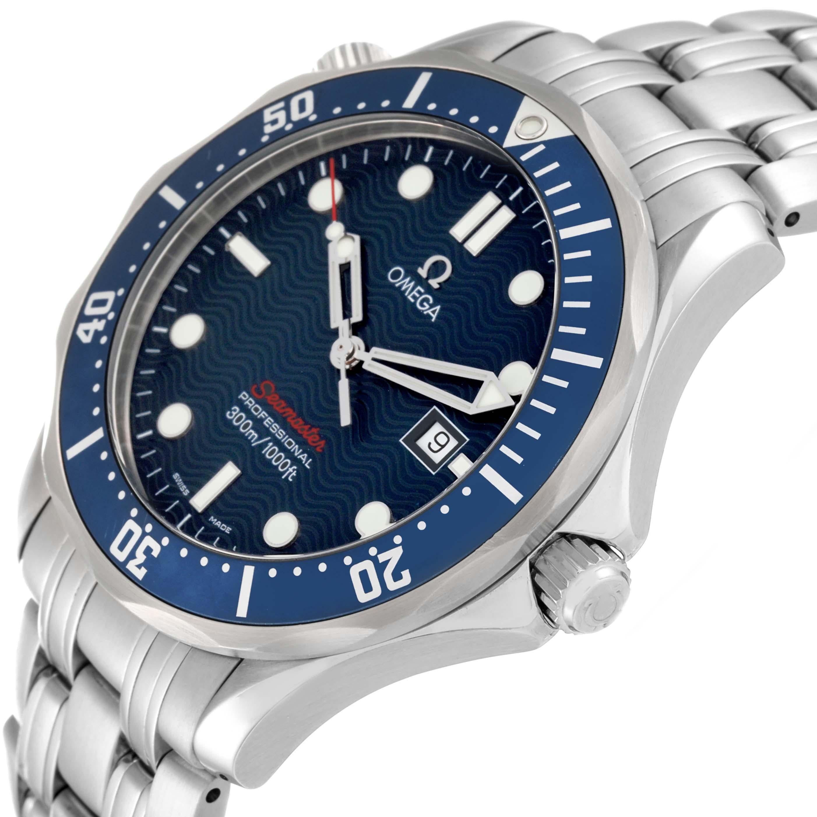 Omega Seamaster Bond 300M Blue Dial Steel Mens Watch 2221.80.00 Card. Quartz movement. Stainless steel case 41.0 mm in diameter. Omega logo on the crown. Blue unidirectional rotating bezel. Scratch resistant sapphire crystal. Blue wave decor dial