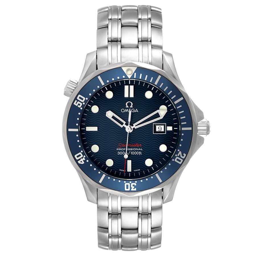Omega Seamaster Bond 300M Blue Wave Dial Mens Watch 2221.80.00. Quartz movement. Stainless steel case 41.0 mm in diameter. Omega logo on a crown. Blue unidirectional rotating bezel. Scratch resistant sapphire crystal. Blue wave decor dial with